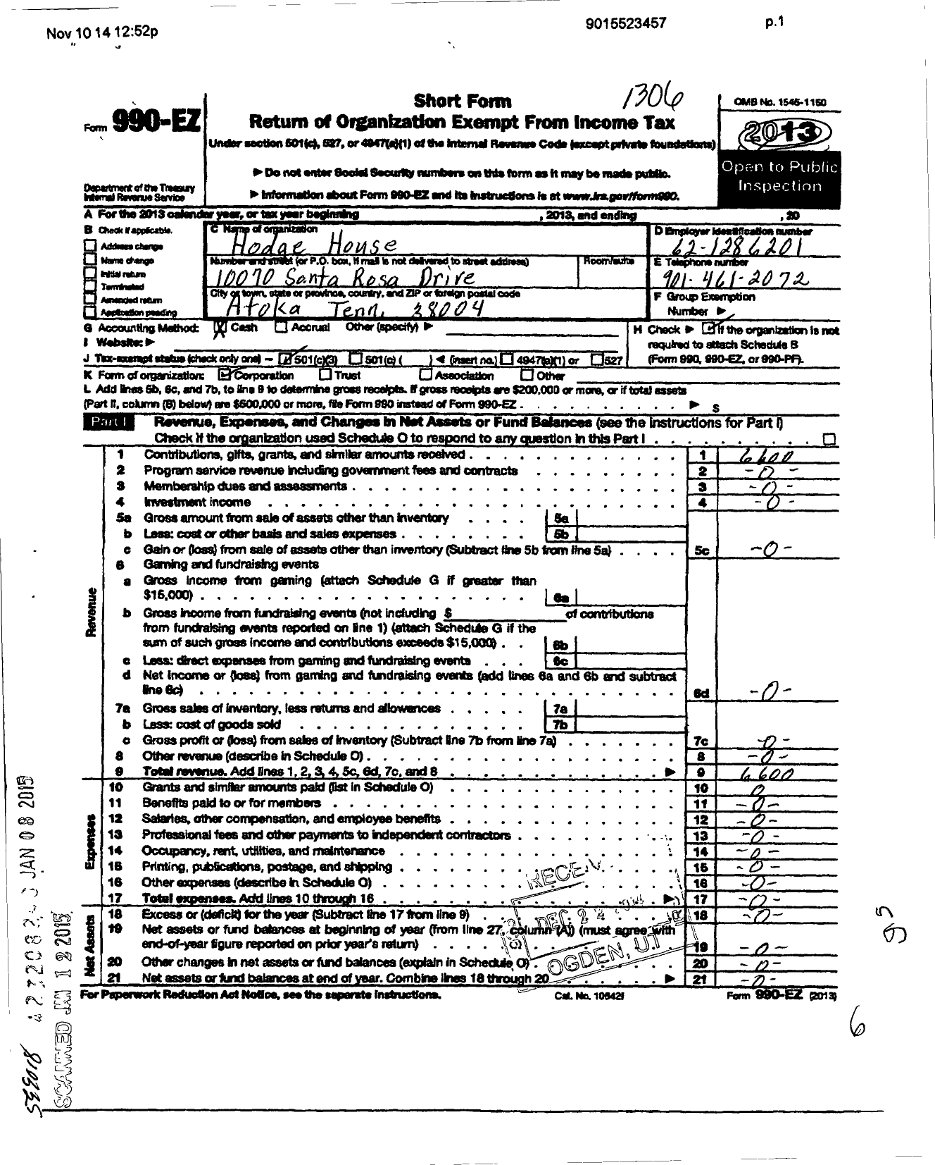 Image of first page of 2012 Form 990EZ for Hodge House