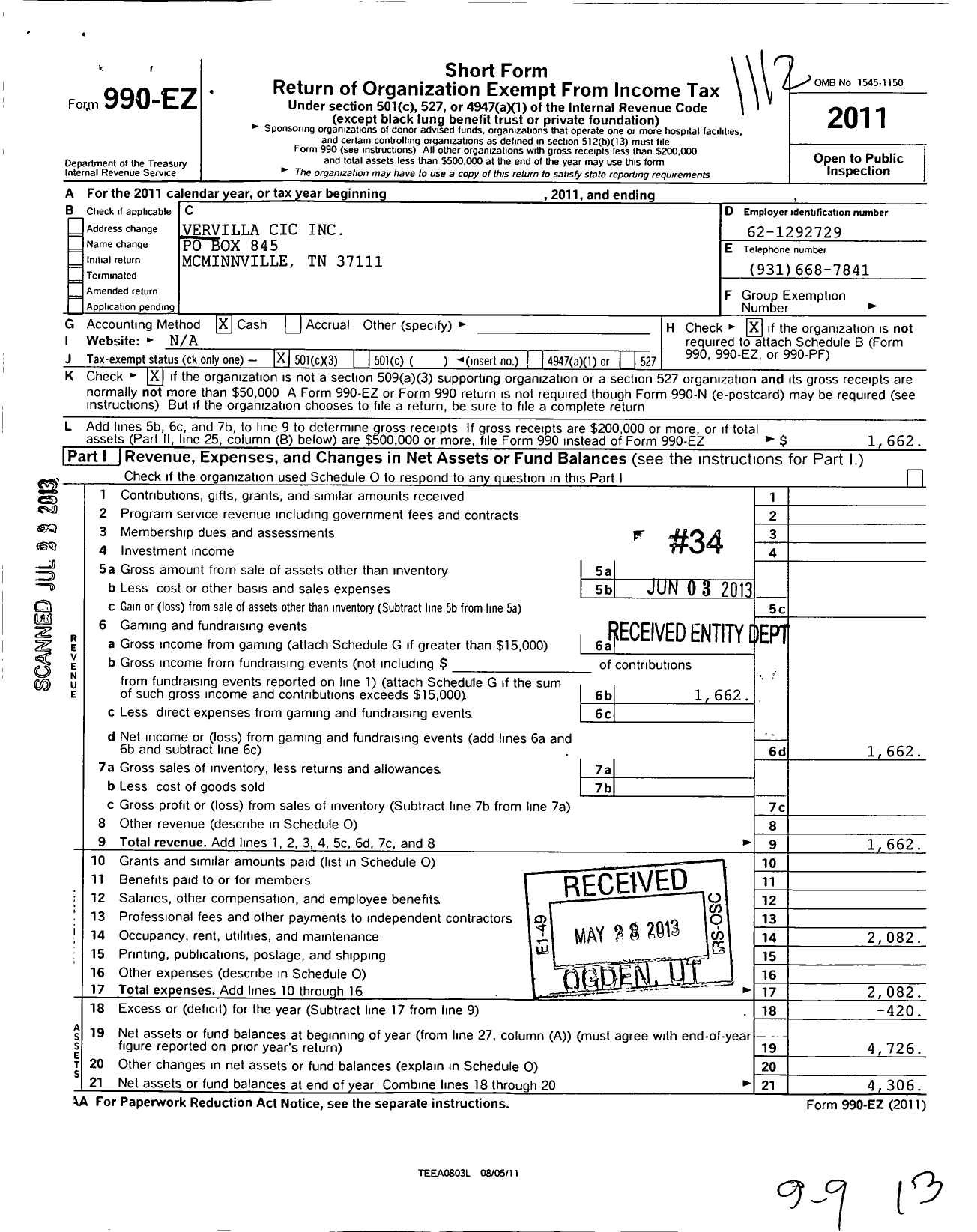 Image of first page of 2011 Form 990EZ for Vervilla Cic