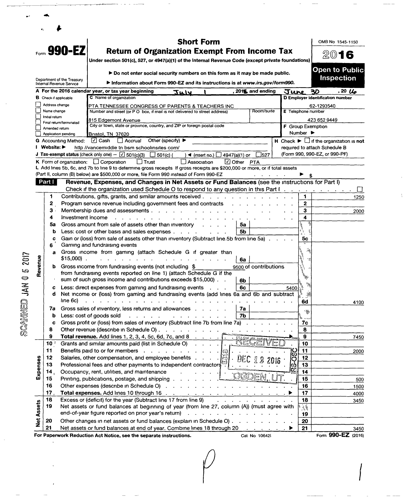 Image of first page of 2015 Form 990EZ for PTA Tennessee Congress of Parents and Teachers / Vance Middle School