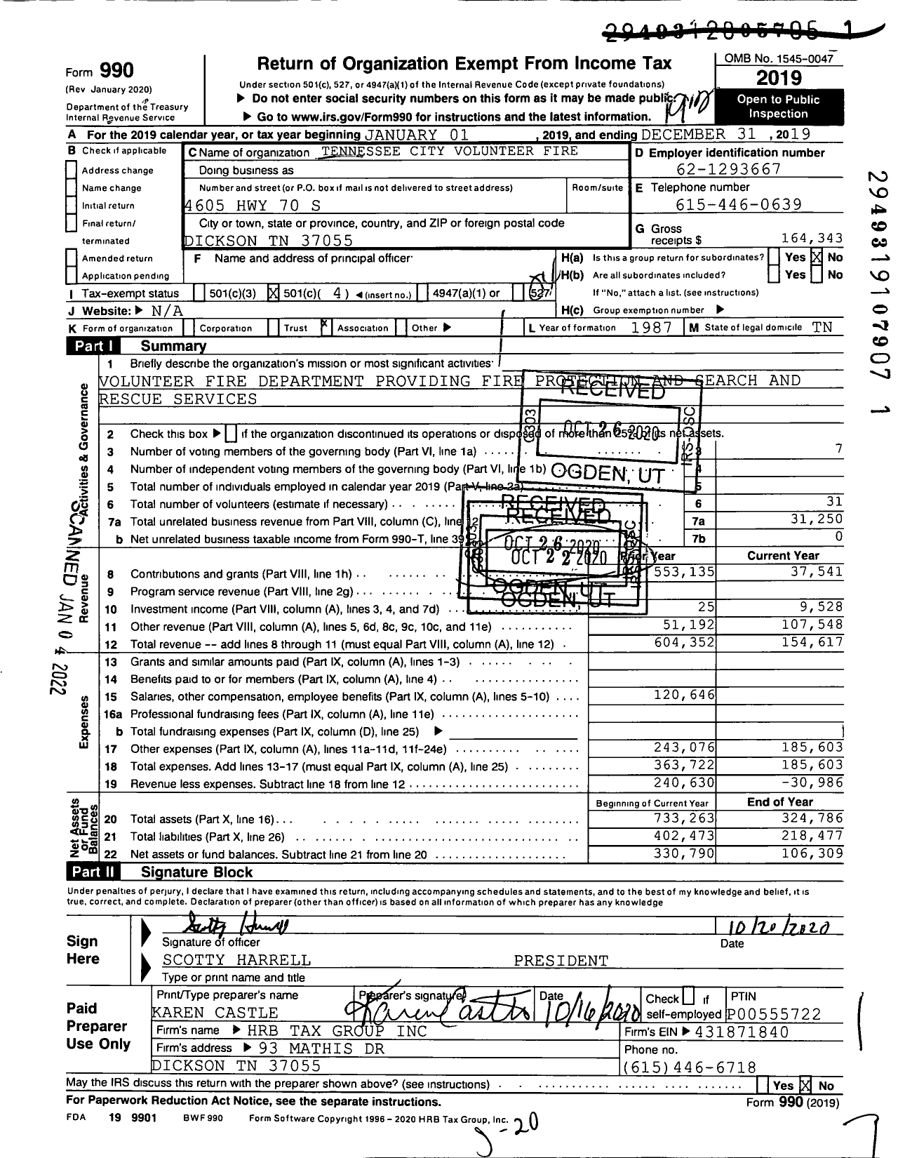Image of first page of 2019 Form 990O for Tennessee City Volunteer Fire