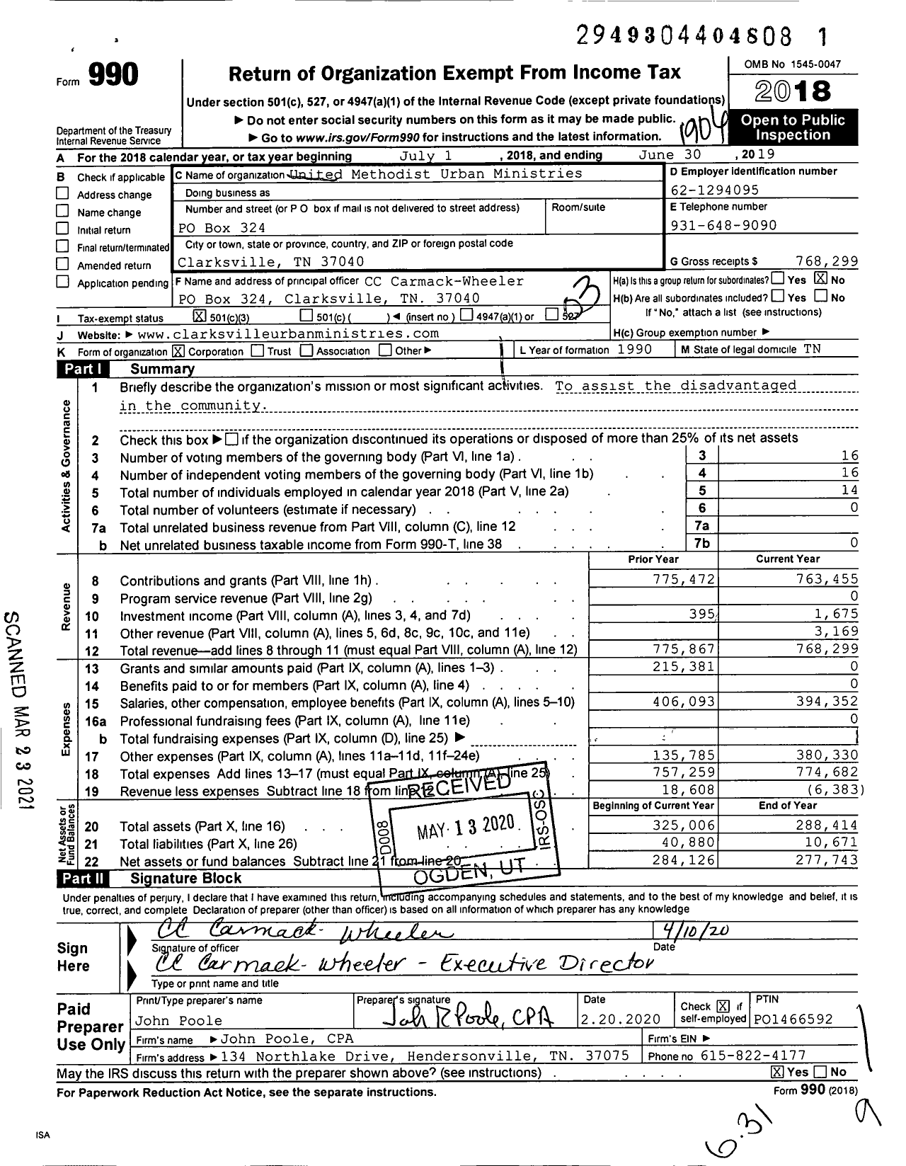 Image of first page of 2018 Form 990 for Clarksville Area Urban Ministries