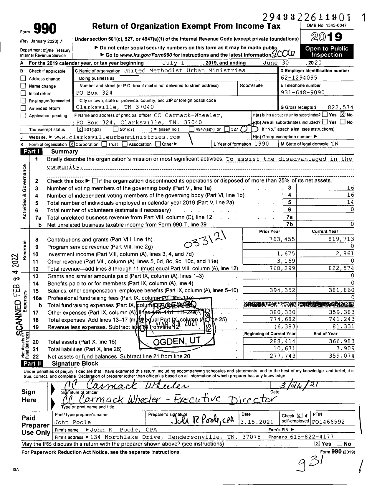 Image of first page of 2019 Form 990 for Clarksville Area Urban Ministries