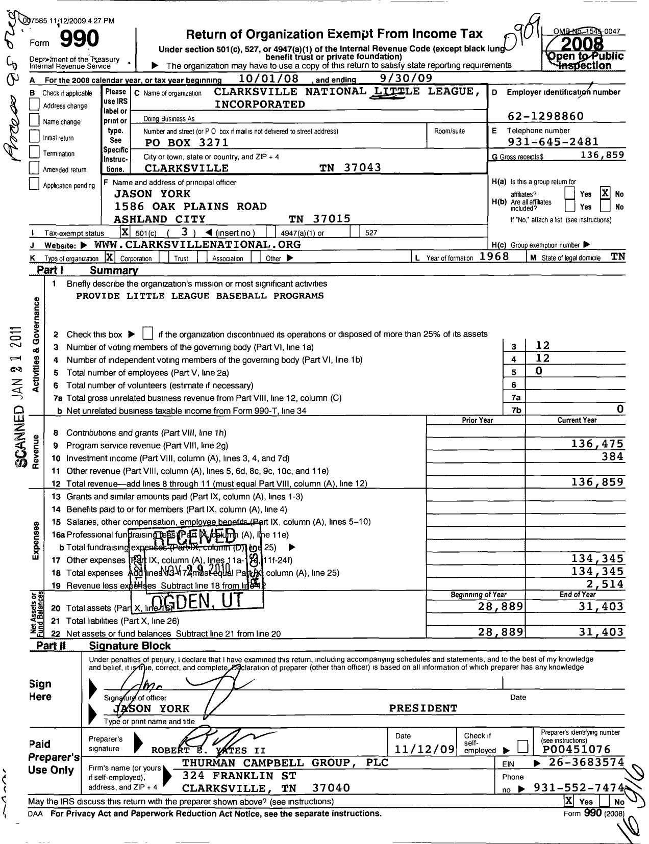 Image of first page of 2008 Form 990 for Clarksville National Little League Incorporated