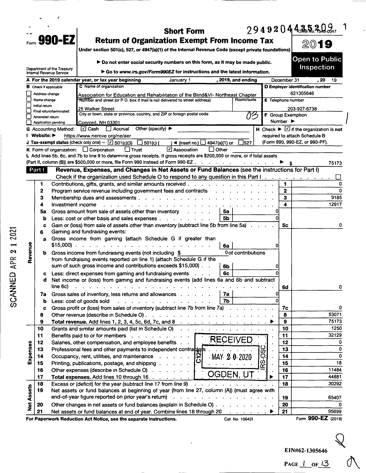 Image of first page of 2019 Form 990EZ for Association for Education and Rehbltatn of the Blind and Visually Impaired / Northeast Chapter