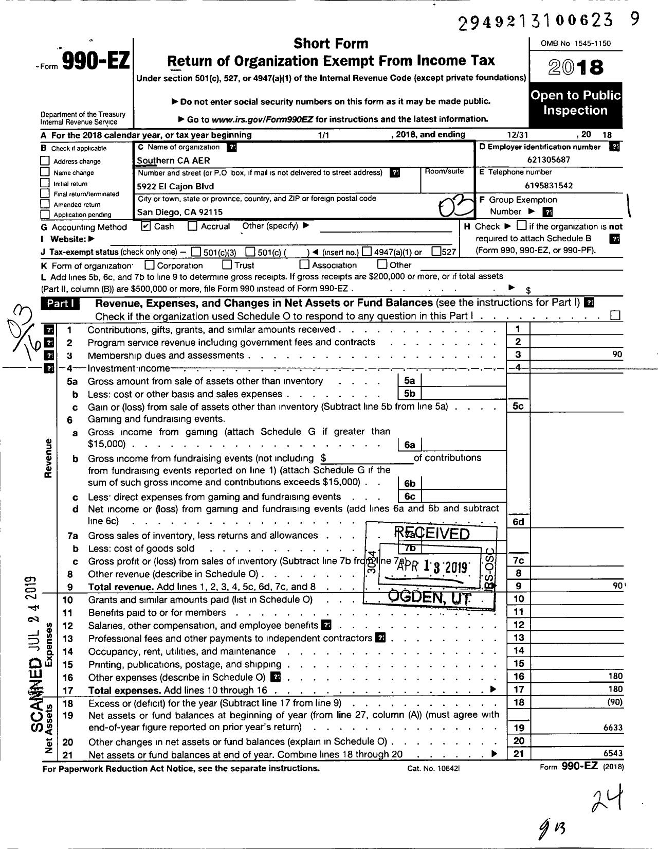 Image of first page of 2018 Form 990EZ for Association for Education and Rehbltatn of the Blind and Visually Impaired / Southern California Chapter