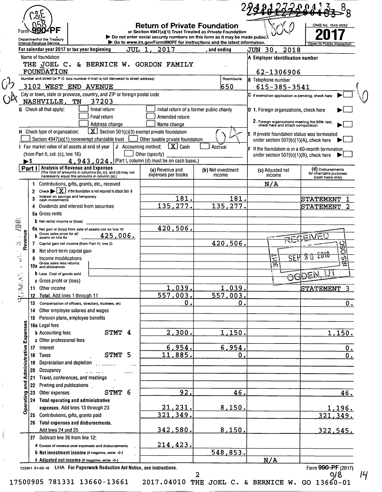 Image of first page of 2017 Form 990PF for The Joel C and Bernice W Gordon Family Foundation