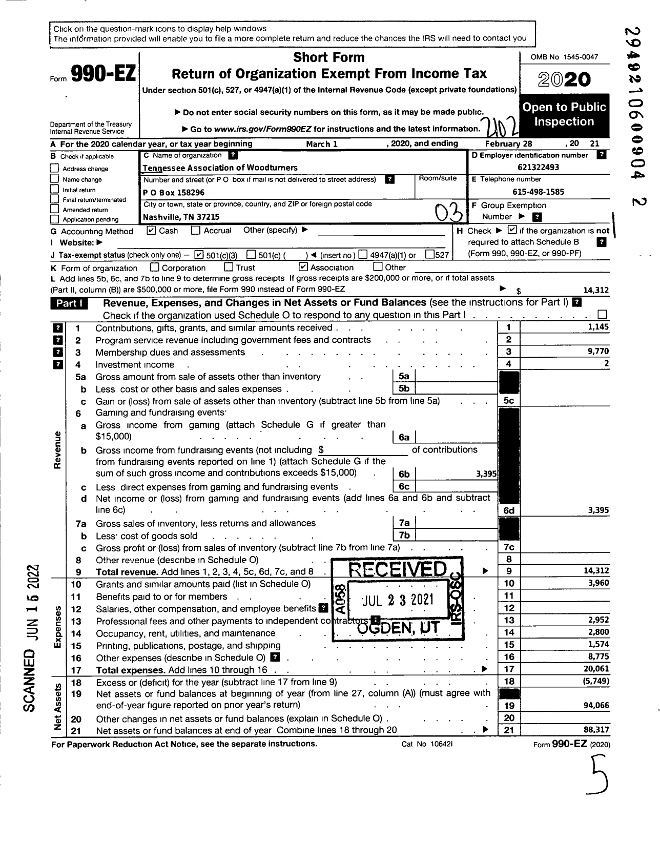 Image of first page of 2020 Form 990EZ for Tennessee Association of Woodturners