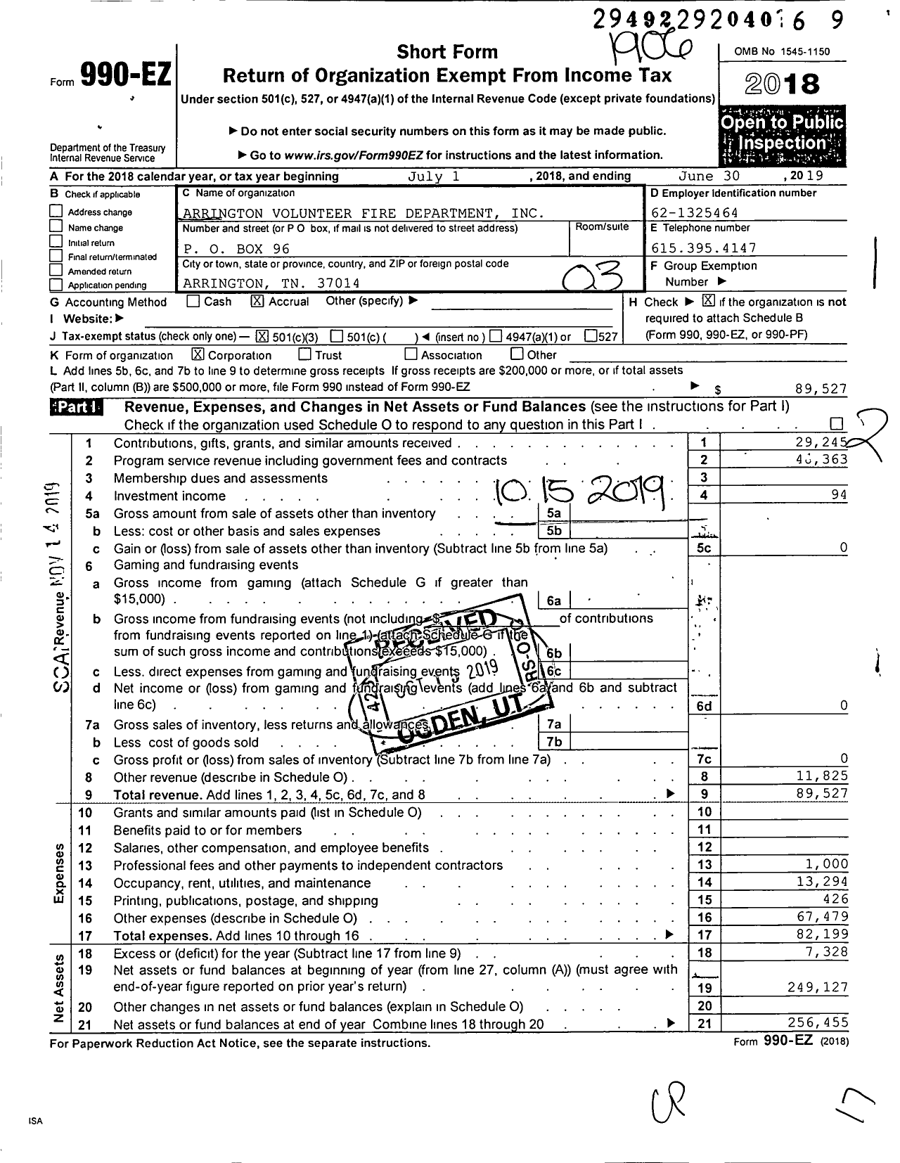 Image of first page of 2018 Form 990EZ for Arrington Volunteer Fire Department