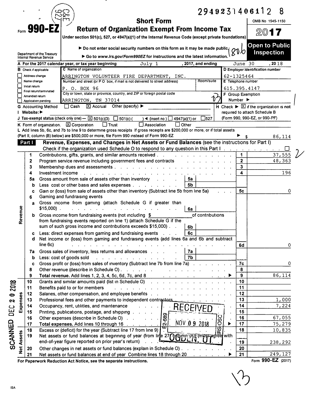 Image of first page of 2017 Form 990EZ for Arrington Volunteer Fire Department