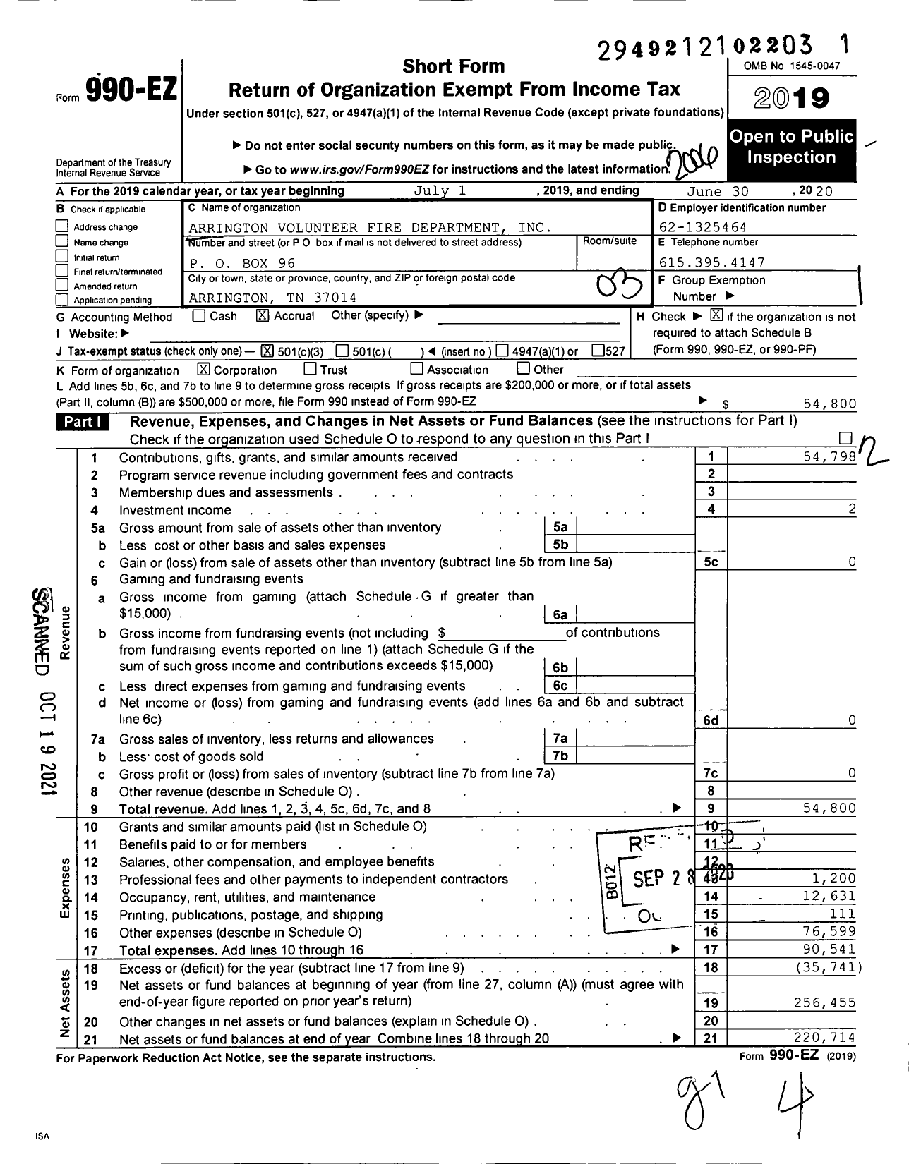 Image of first page of 2019 Form 990EZ for Arrington Volunteer Fire Department