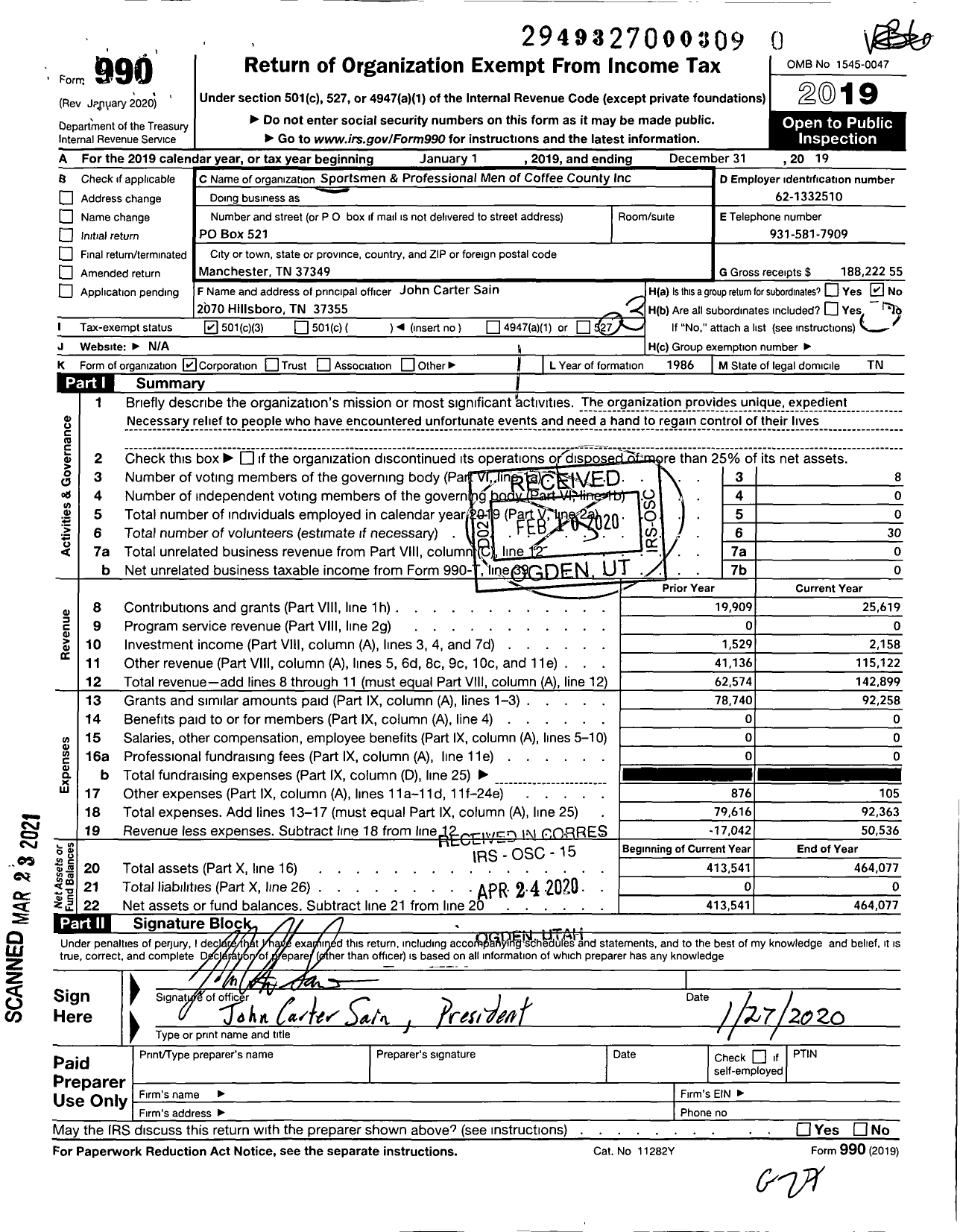 Image of first page of 2019 Form 990 for Sportsmen and Professional Men of Coffee County