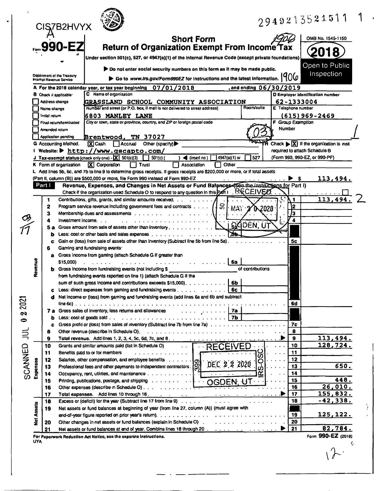 Image of first page of 2018 Form 990EZ for Grassland School Community Association