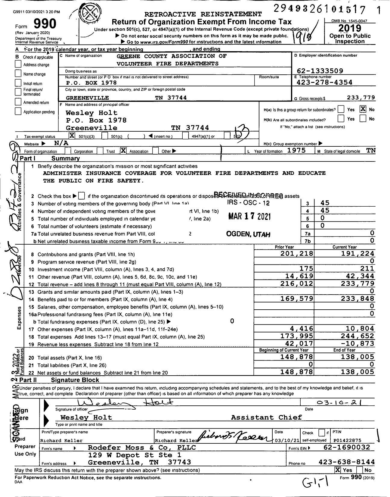 Image of first page of 2019 Form 990 for Greene County Association of Volunteer Fire Departments