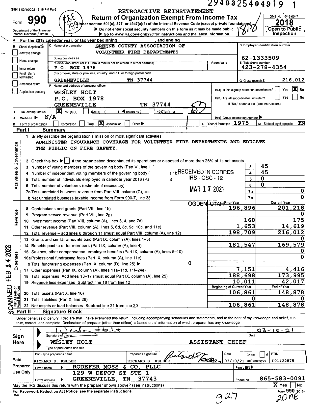 Image of first page of 2018 Form 990 for Greene County Association of Volunteer Fire Departments