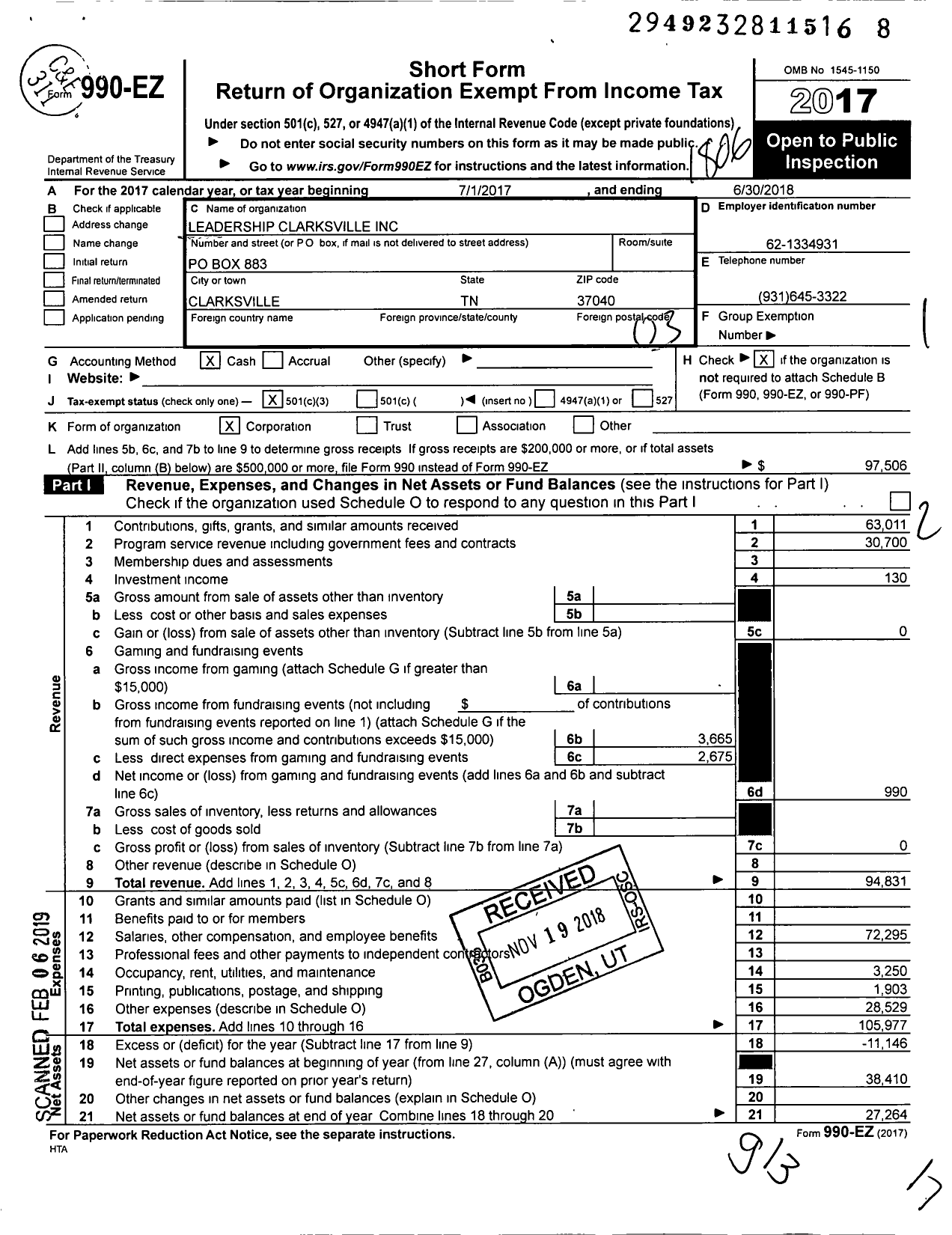 Image of first page of 2017 Form 990EZ for Leadership Clarksville