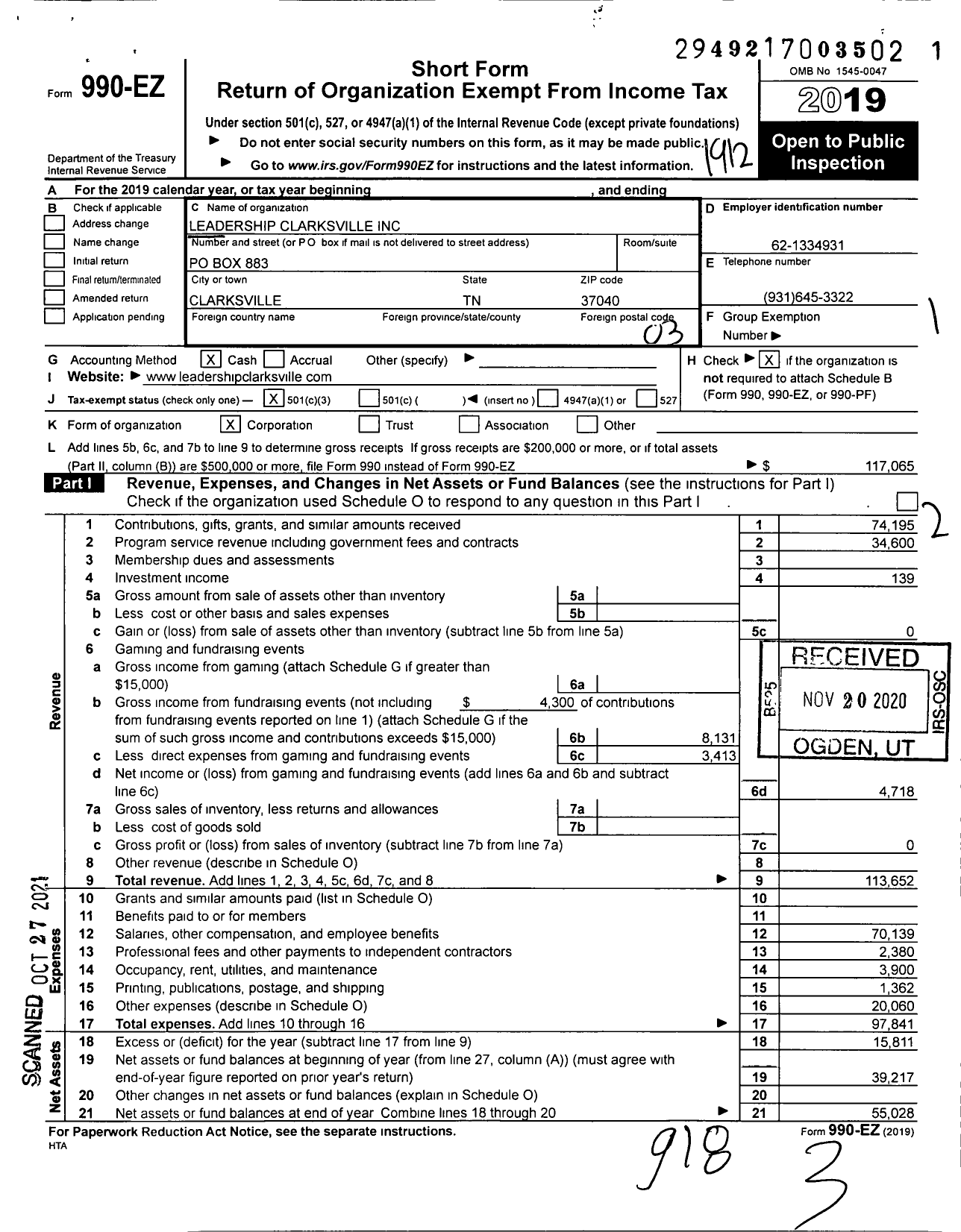 Image of first page of 2019 Form 990EZ for Leadership Clarksville