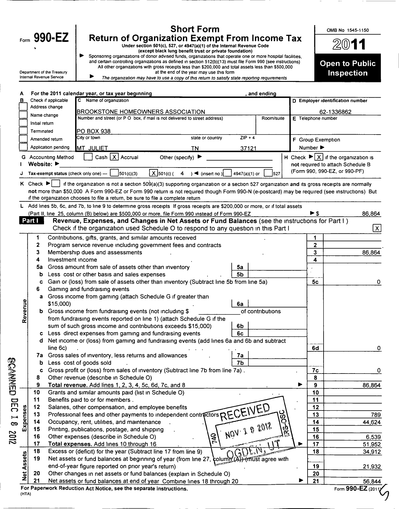 Image of first page of 2011 Form 990EO for Brookstone Homeowners Association