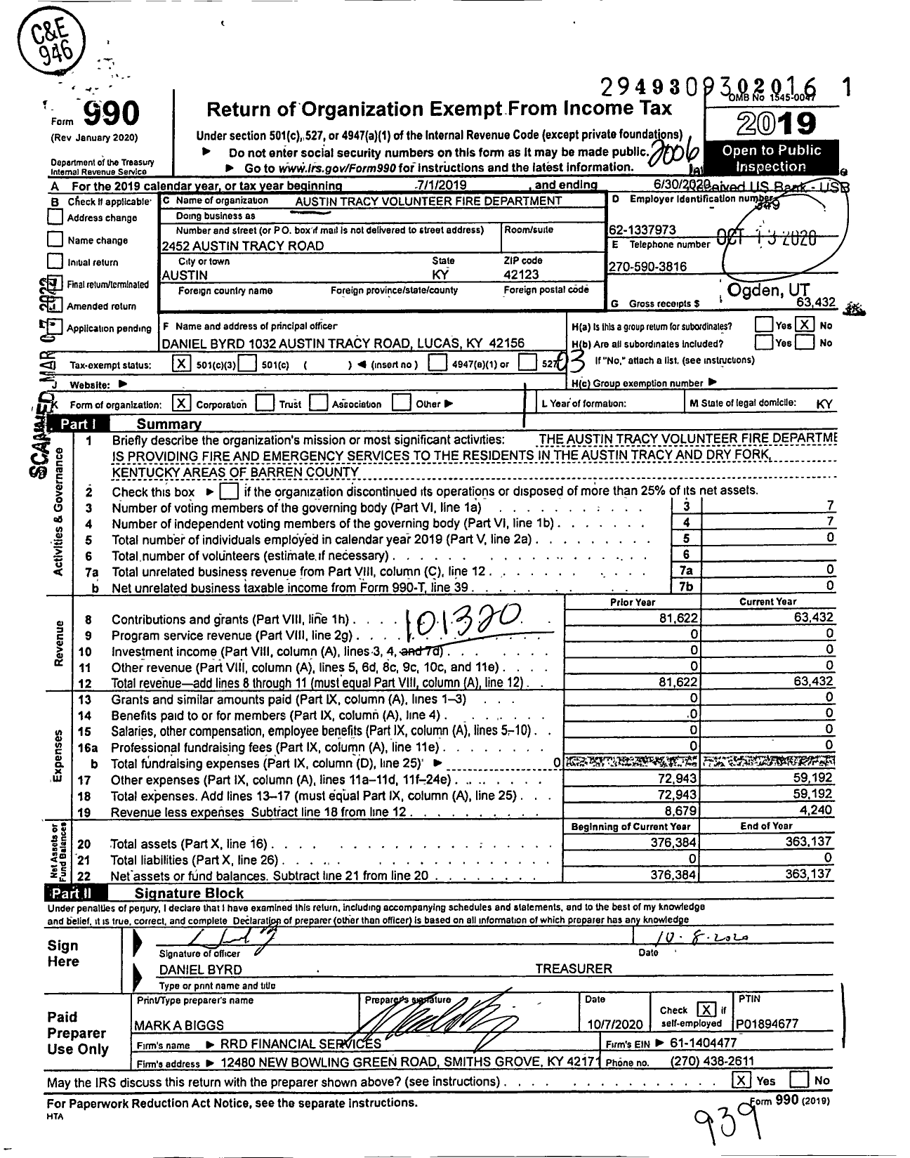 Image of first page of 2019 Form 990 for Austin Tracy Volunteer Fire Department