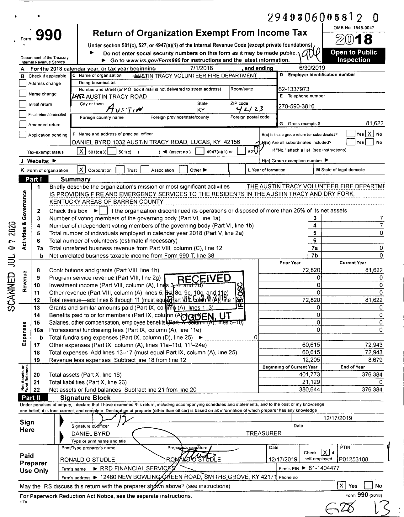 Image of first page of 2018 Form 990 for Austin Tracy Volunteer Fire Department