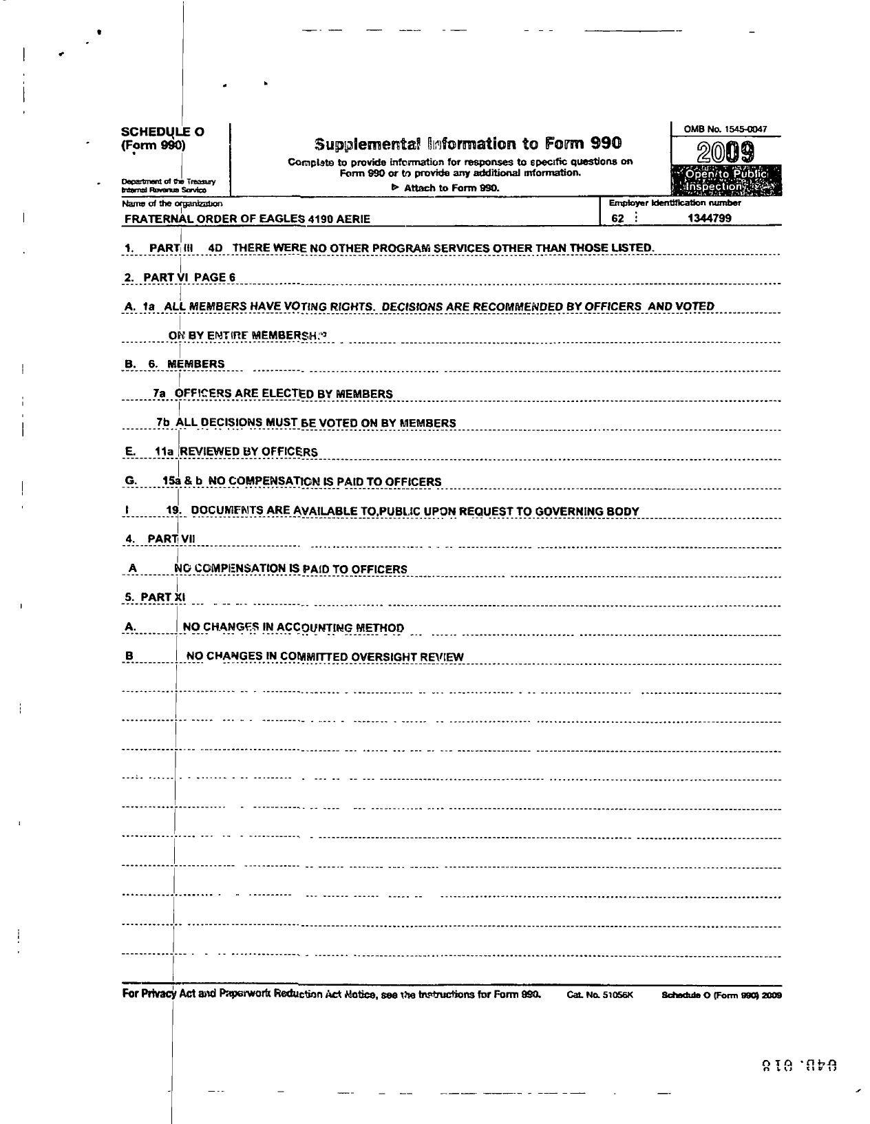 Image of first page of 2009 Form 990OR for Fraternal Order of Eagles / 4190 Aerie