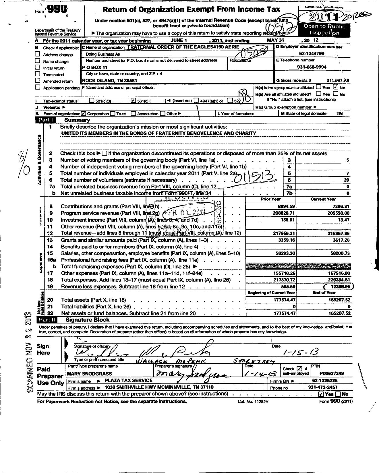 Image of first page of 2011 Form 990O for Fraternal Order of Eagles / 4190 Aerie