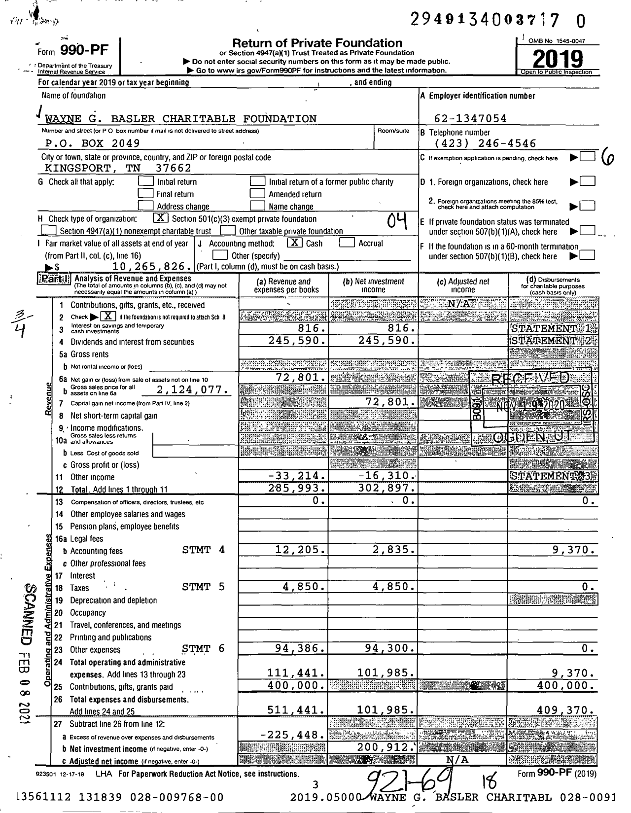 Image of first page of 2019 Form 990PF for Wayne G Basler Charitable Foundation