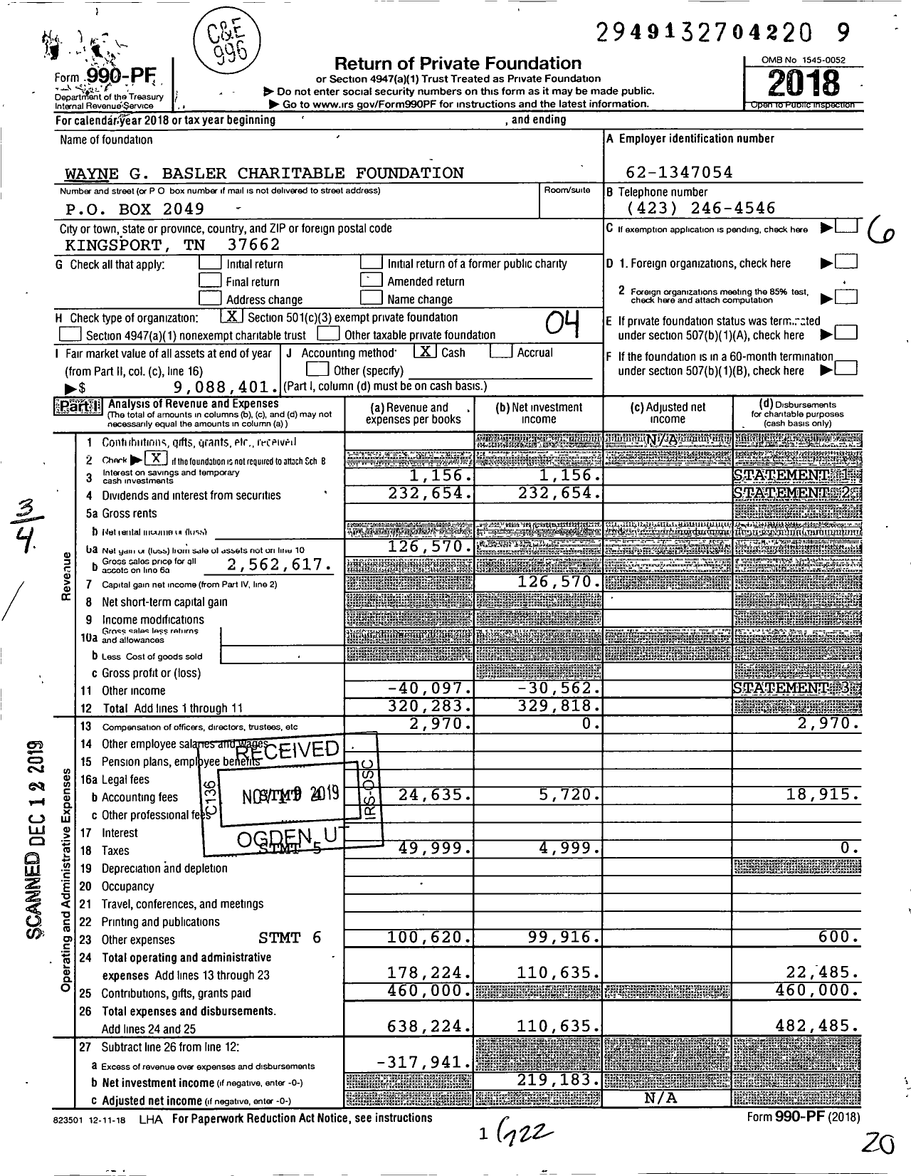 Image of first page of 2018 Form 990PF for Wayne G Basler Charitable Foundation