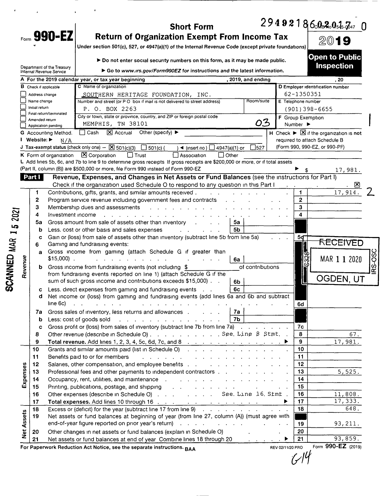 Image of first page of 2019 Form 990EZ for Southern Heritage Foundation