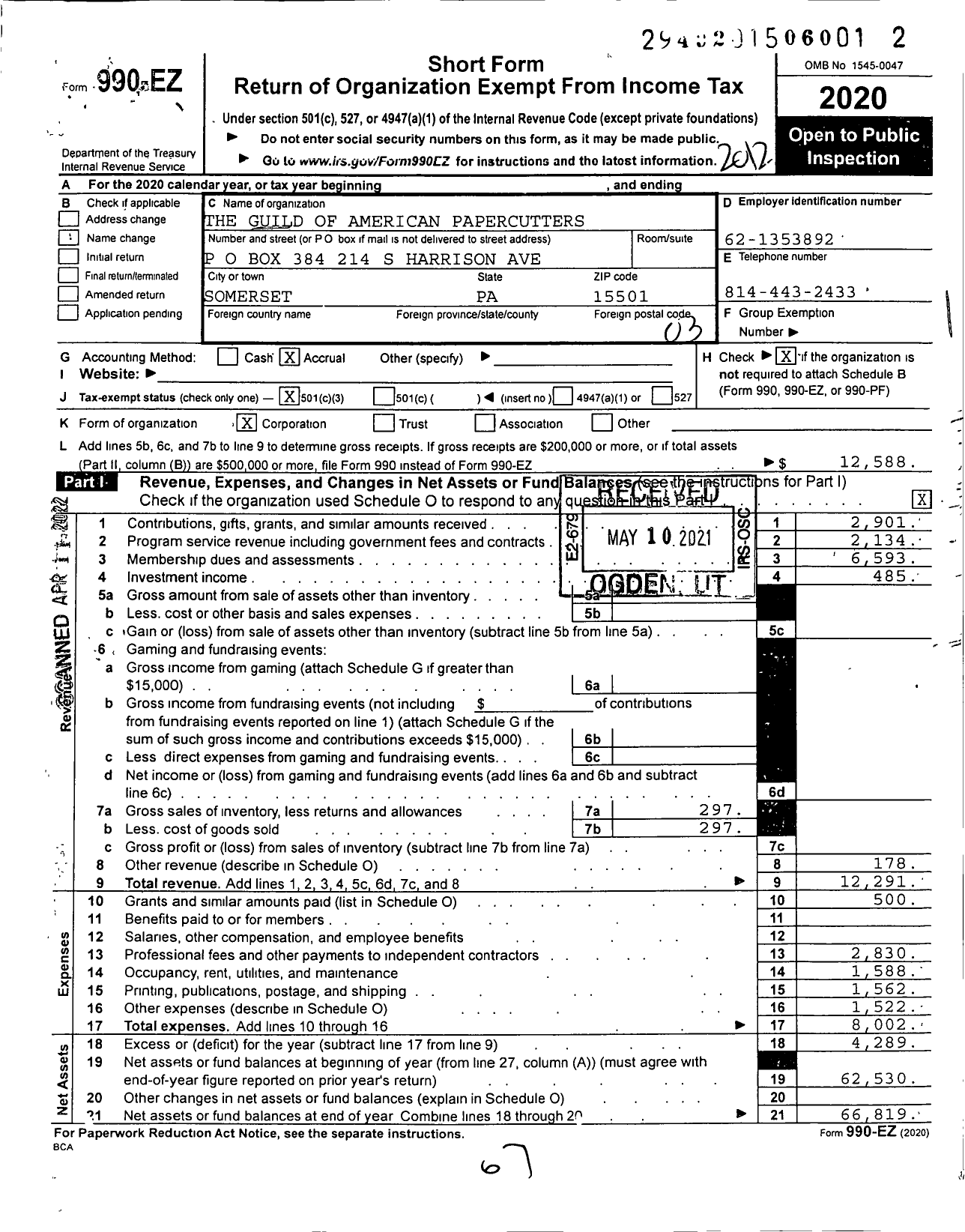 Image of first page of 2020 Form 990EZ for Guild of American Papercutters (GAP)