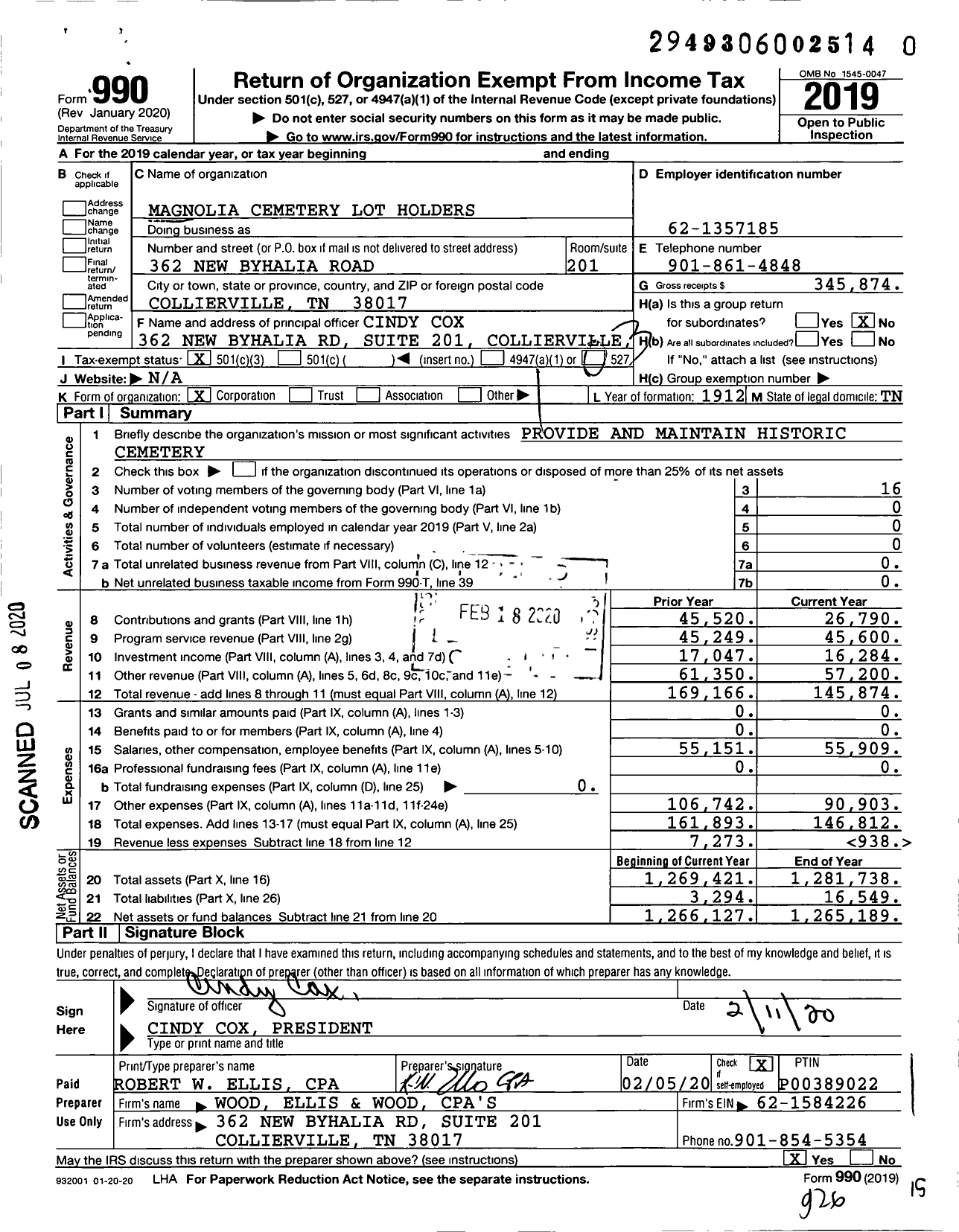 Image of first page of 2019 Form 990 for Magnolia Cemetery Lot Holders