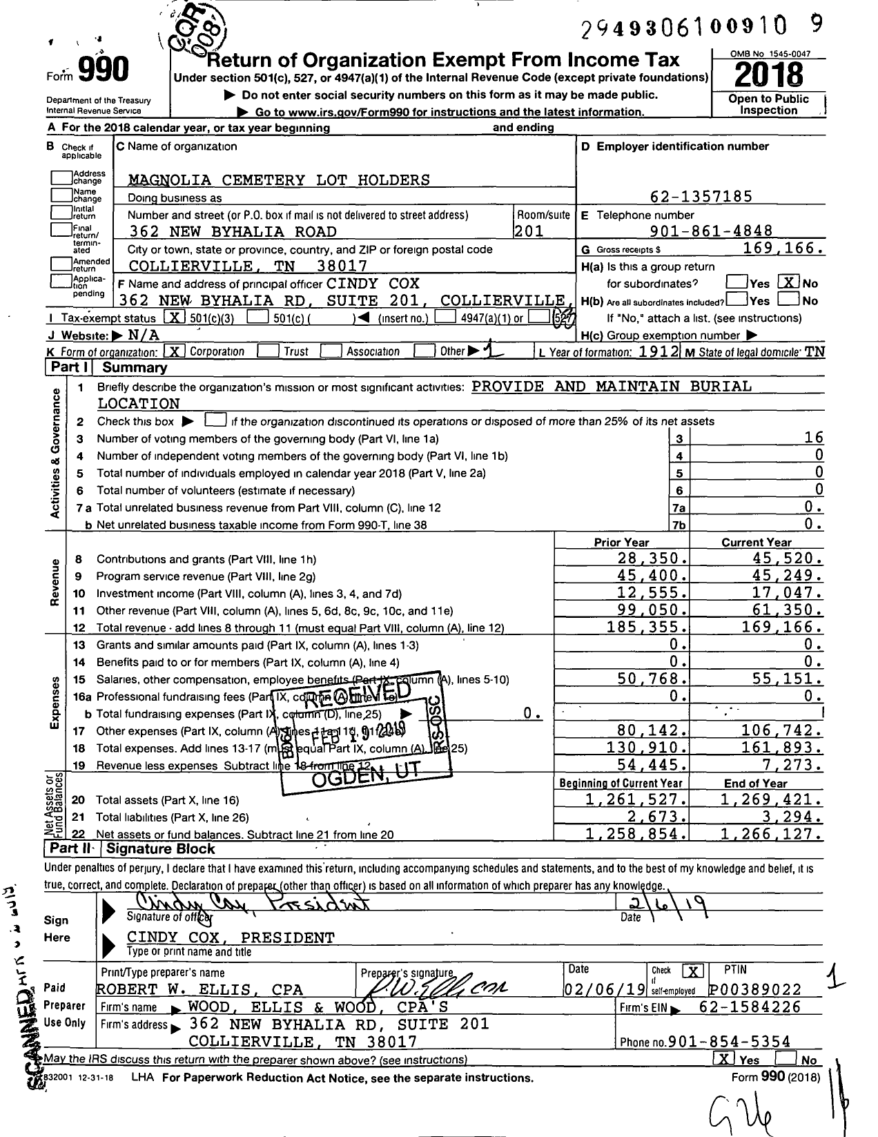 Image of first page of 2018 Form 990 for Magnolia Cemetery Lot Holders