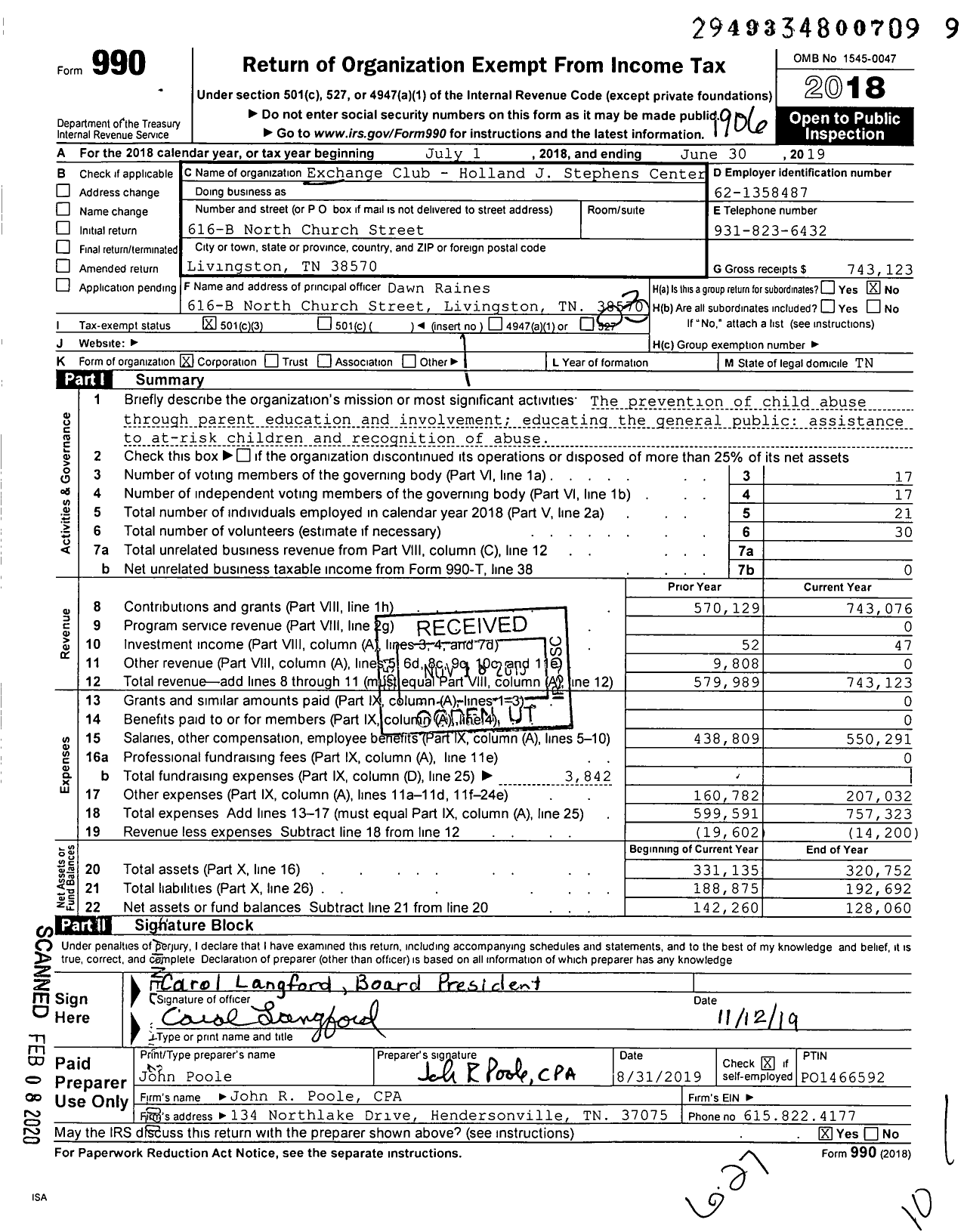 Image of first page of 2018 Form 990 for Exchange Club Holland J Stephens Center