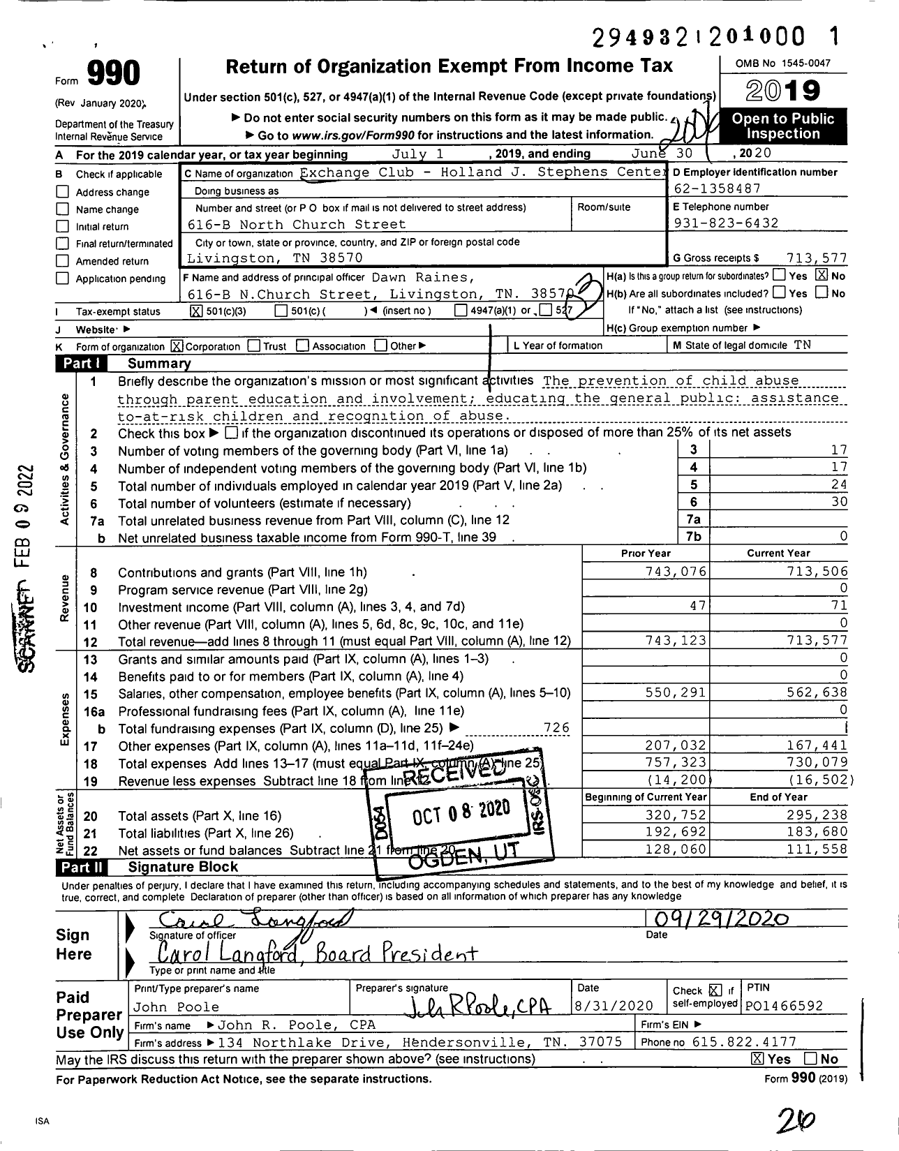 Image of first page of 2019 Form 990 for Exchange Club Holland J Stephens Center