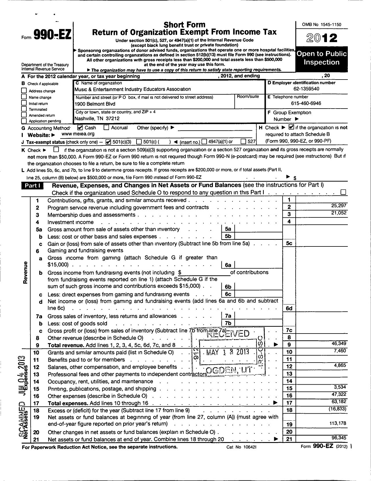 Image of first page of 2012 Form 990EZ for Music and Entertainment Industry Educators Association (MEIEA)