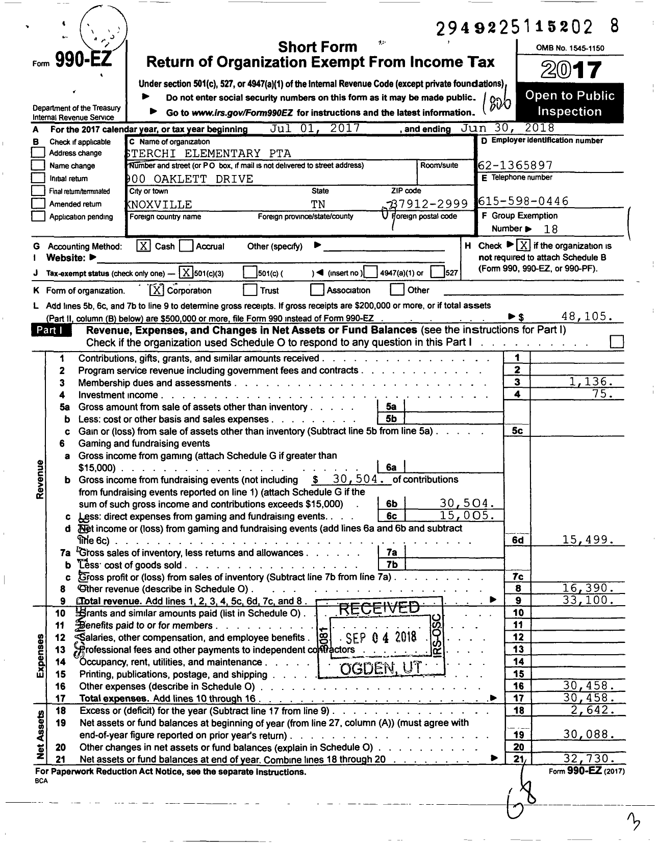 Image of first page of 2017 Form 990EZ for PTA Tennessee Congress of Parents and Teachers / Sterchi Elem PTA