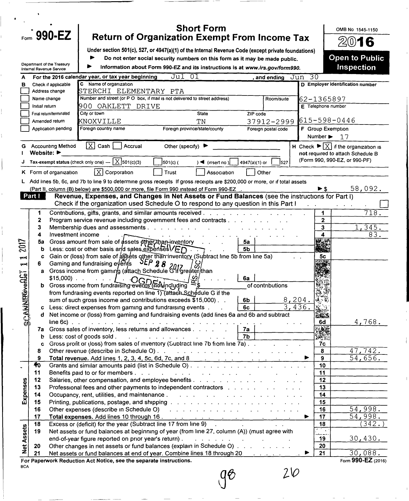 Image of first page of 2015 Form 990EZ for PTA Tennessee Congress of Parents and Teachers / Sterchi Elem PTA