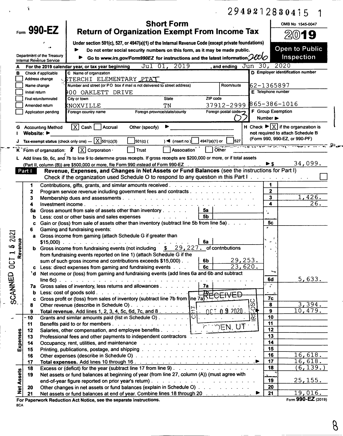 Image of first page of 2019 Form 990EZ for PTA Tennessee Congress of Parents and Teachers / Sterchi Elem PTA