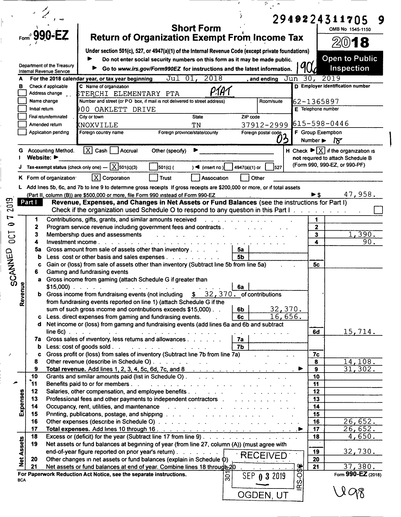 Image of first page of 2018 Form 990EZ for PTA Tennessee Congress of Parents and Teachers / Sterchi Elem PTA