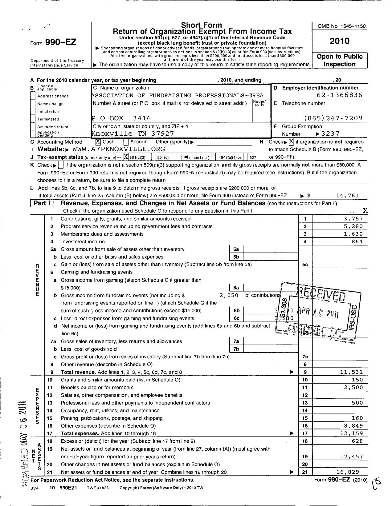 Image of first page of 2010 Form 990EZ for Association of Fundraising Professionals - TN Great Smoky Mountain Chapter