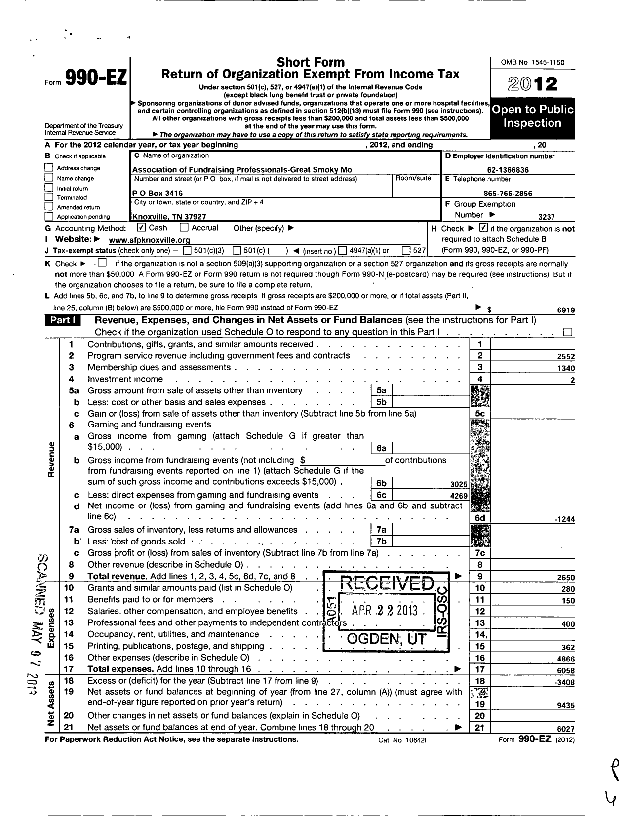 Image of first page of 2012 Form 990EO for Association of Fundraising Professionals - TN Great Smoky Mountain Chapter