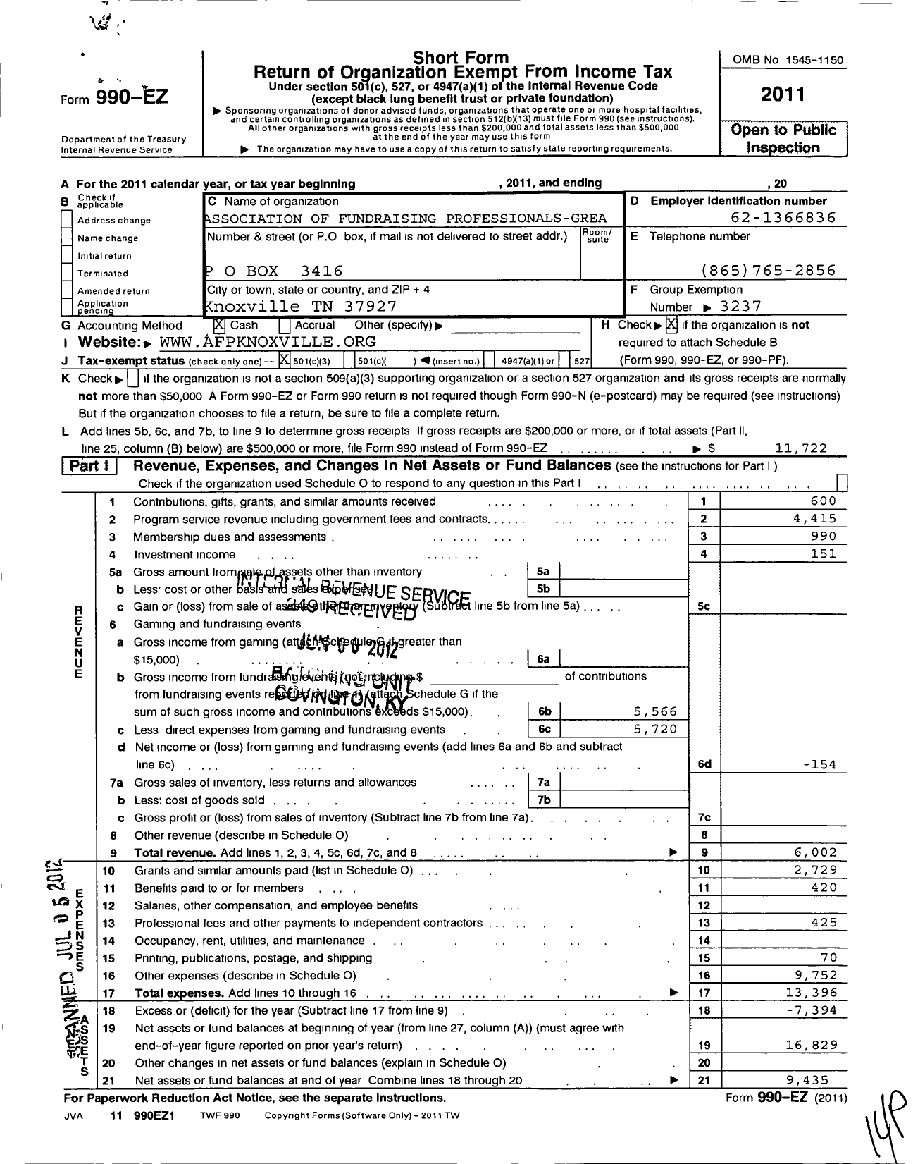 Image of first page of 2011 Form 990EZ for Association of Fundraising Professionals - TN Great Smoky Mountain Chapter