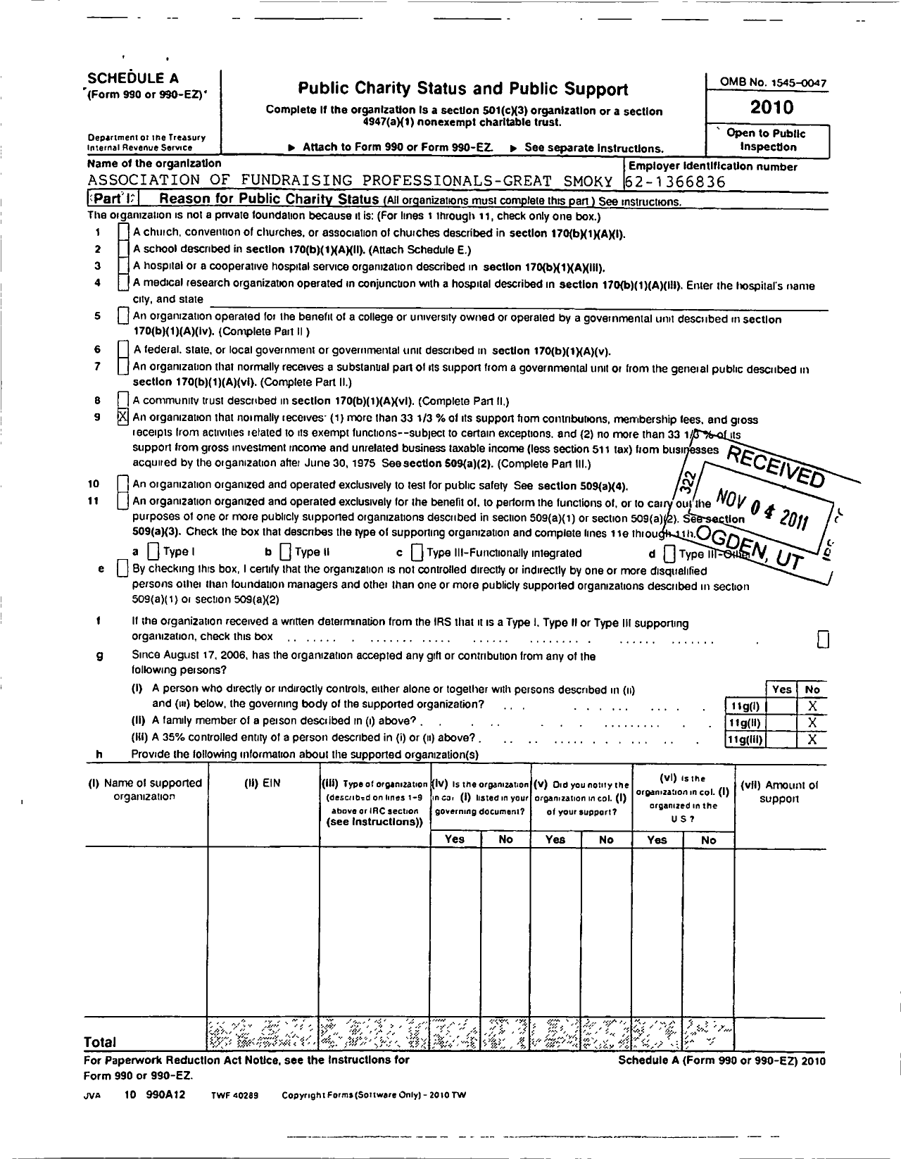 Image of first page of 2010 Form 990ER for Association of Fundraising Professionals - TN Great Smoky Mountain Chapter