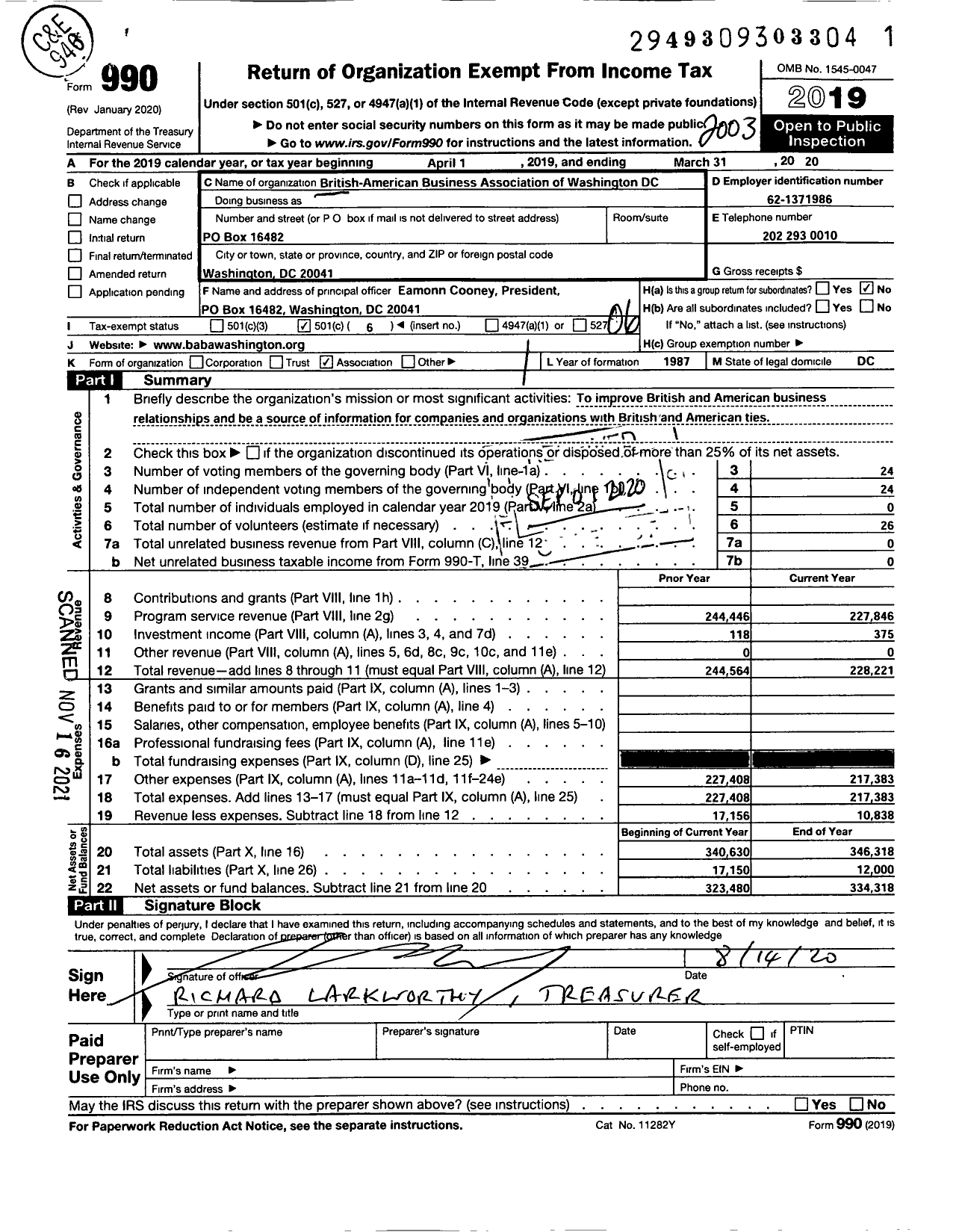 Image of first page of 2019 Form 990O for British-American Business Association of Washington DC