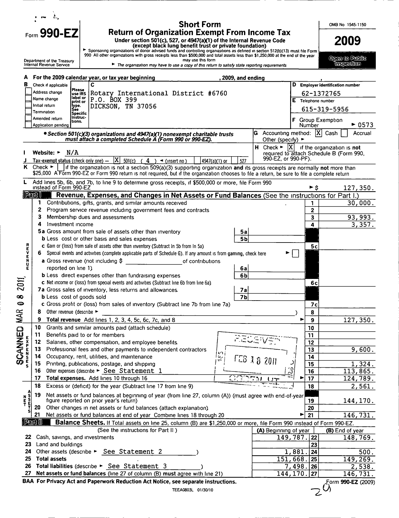 Image of first page of 2009 Form 990EO for Rotary International 6760 District