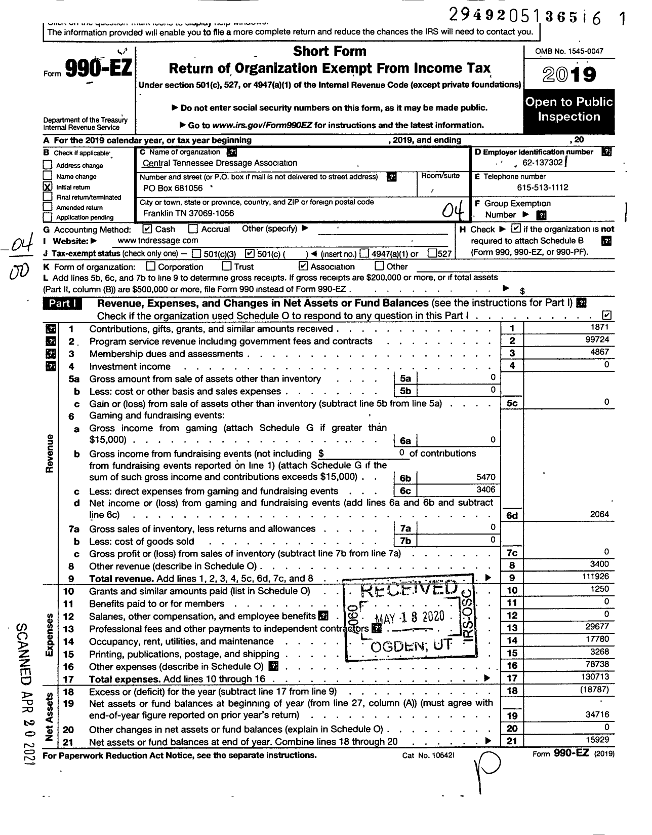 Image of first page of 2019 Form 990EO for CENTRAL TENNESSEE DRESSAGE ASSOCiation