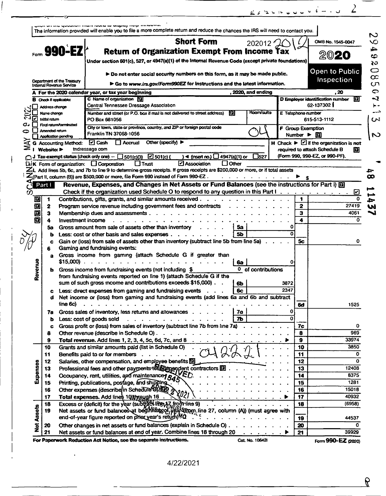 Image of first page of 2020 Form 990EO for CENTRAL TENNESSEE DRESSAGE ASSOCiation