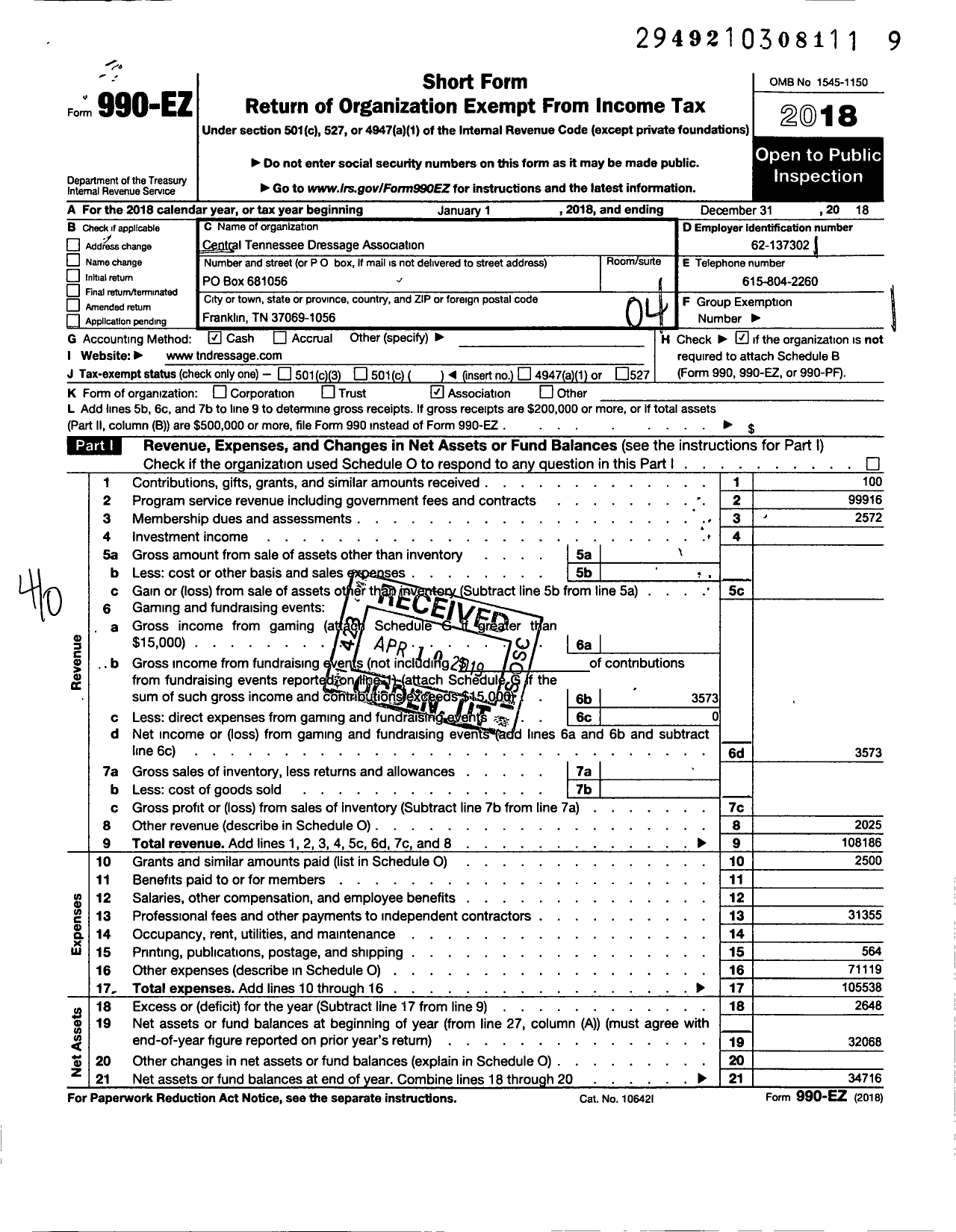 Image of first page of 2018 Form 990EO for CENTRAL TENNESSEE DRESSAGE ASSOCiation