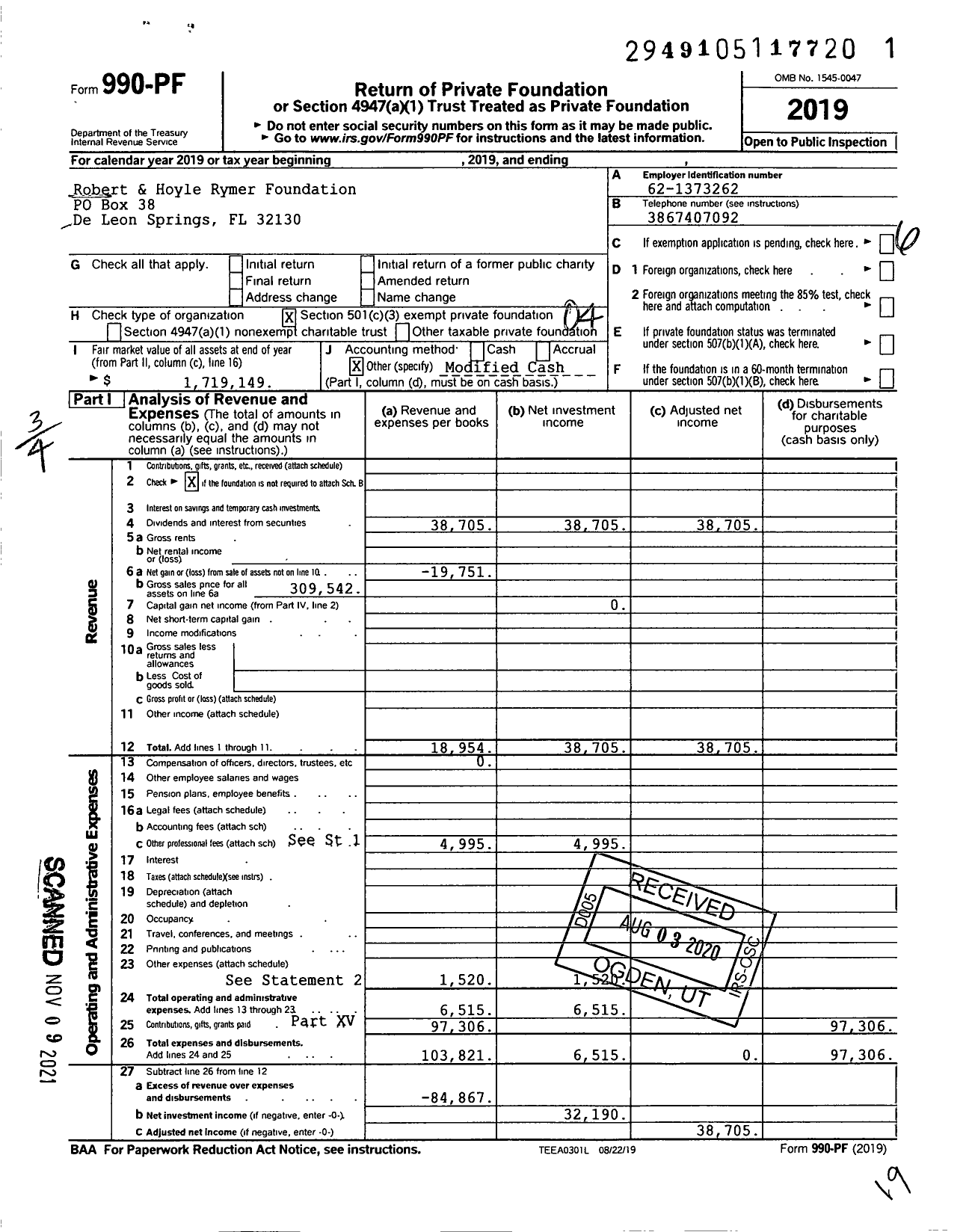 Image of first page of 2019 Form 990PF for Robert & Hoyle Rymer Foundation