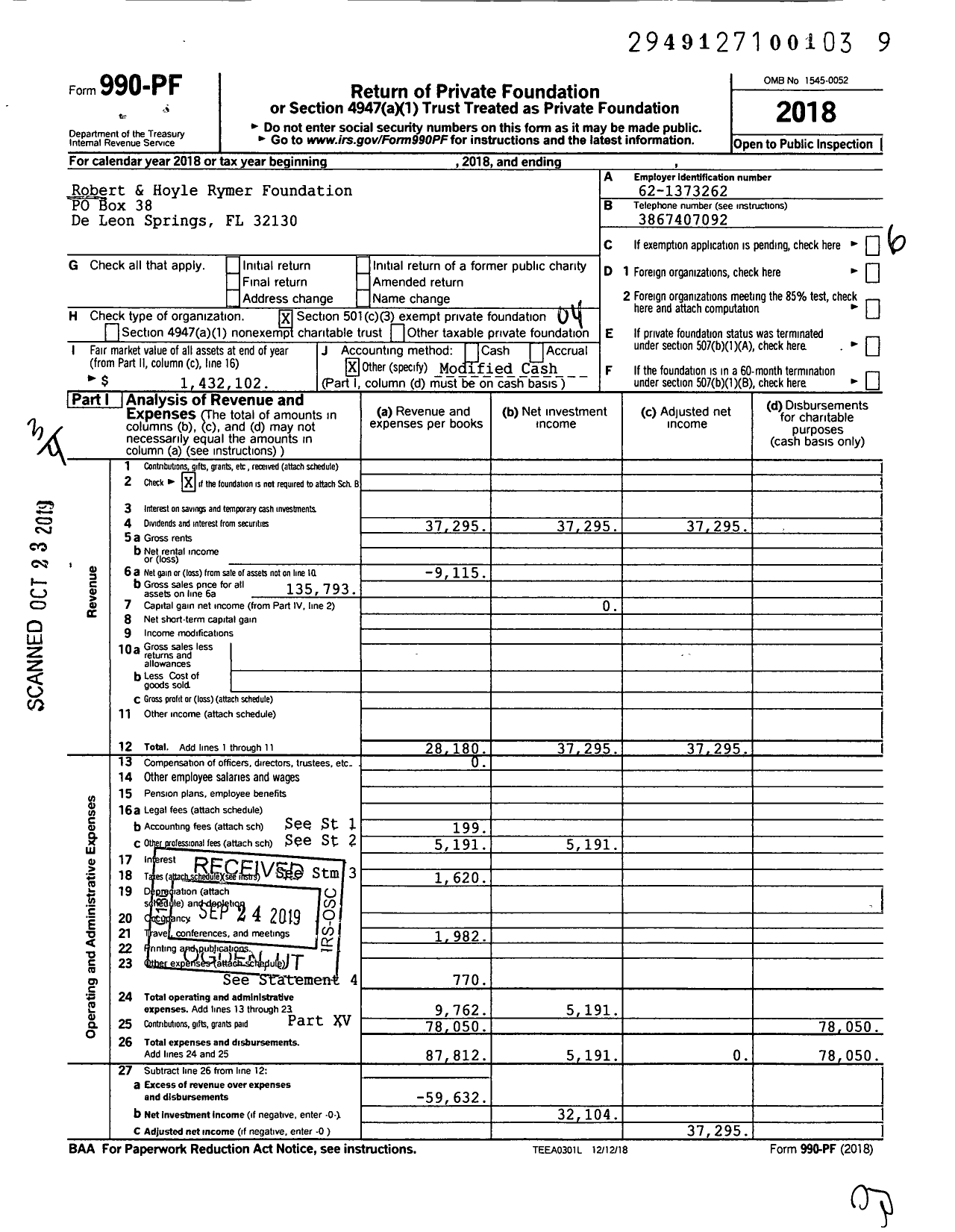 Image of first page of 2018 Form 990PF for Robert & Hoyle Rymer Foundation