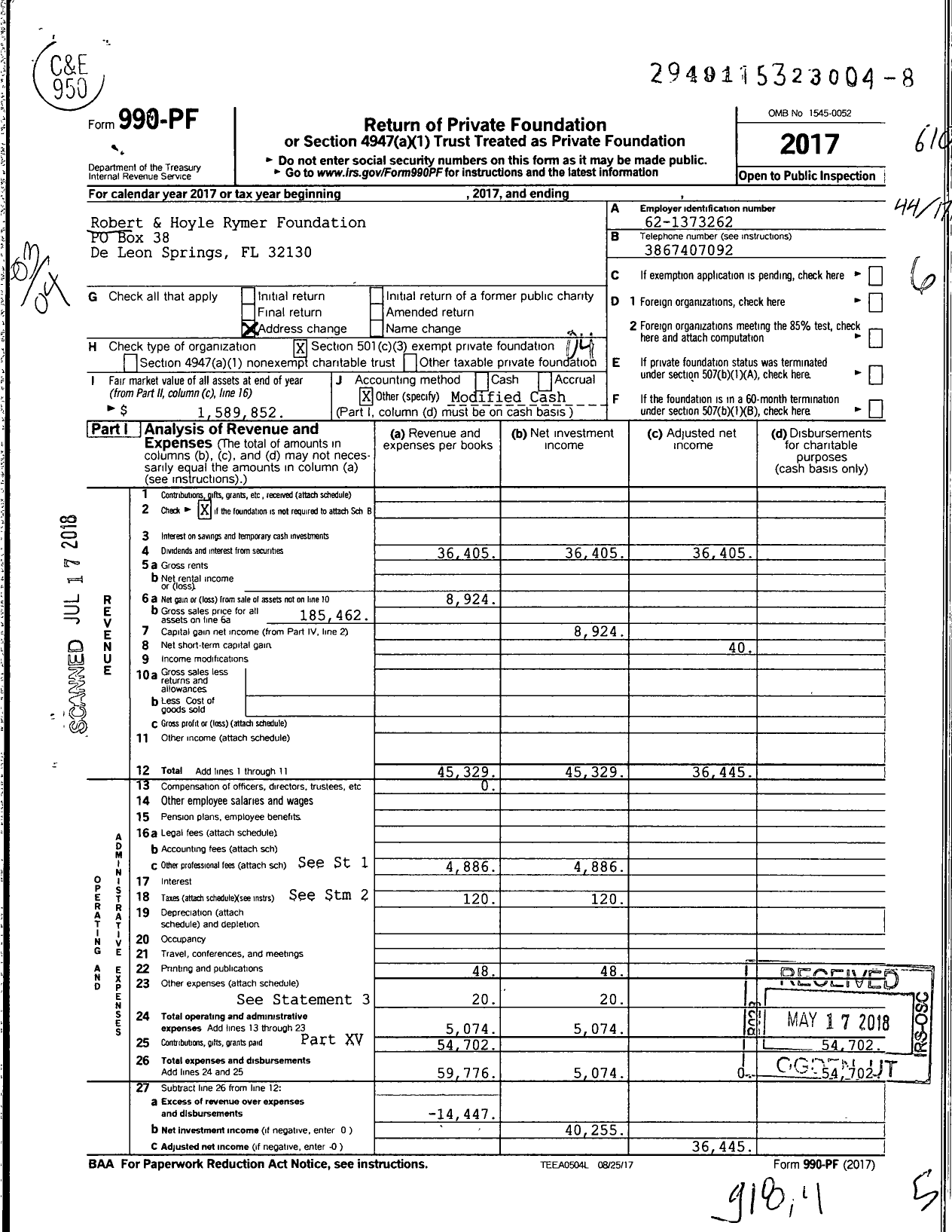 Image of first page of 2017 Form 990PF for Robert & Hoyle Rymer Foundation